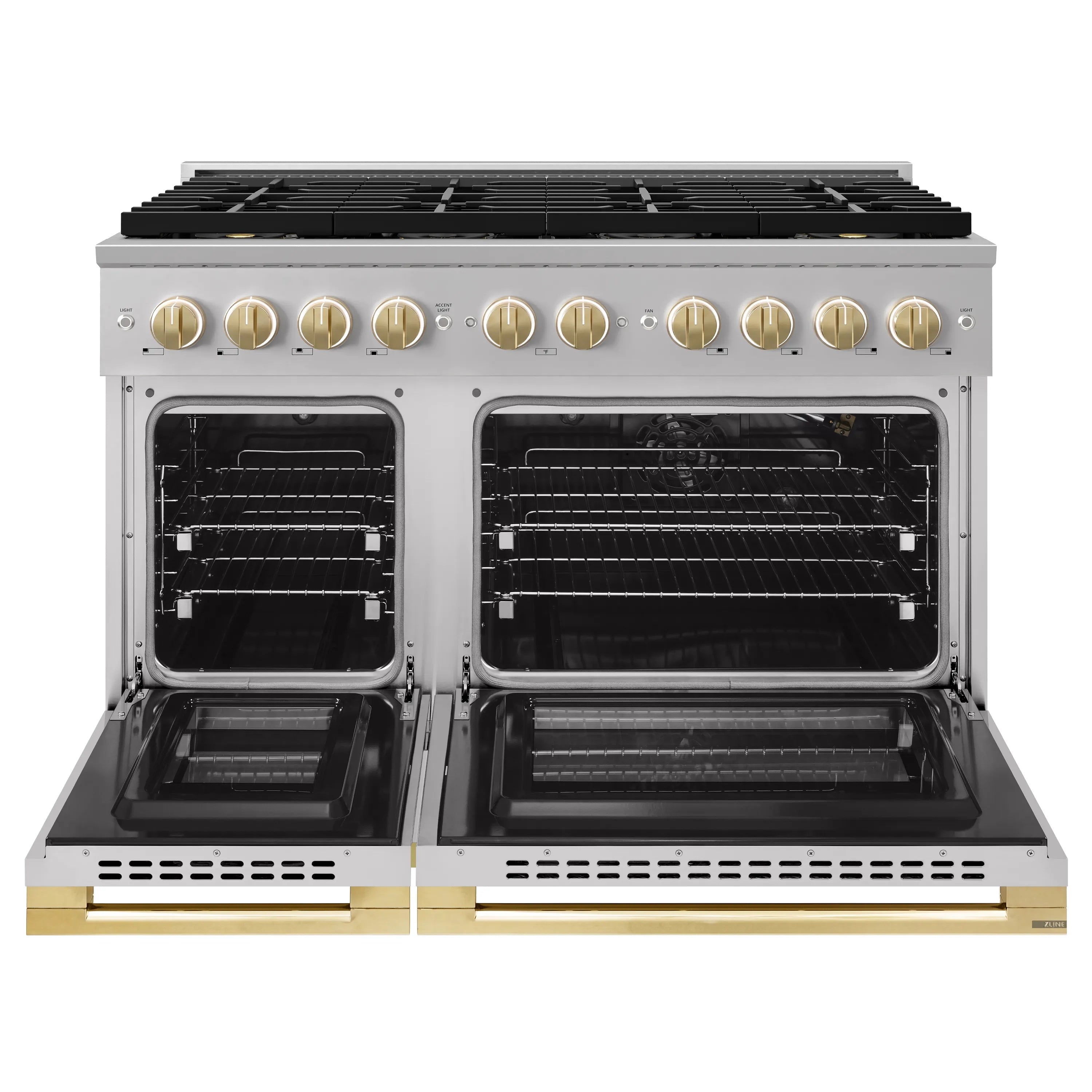Stainless gas range with both oven doors open and gold-toned base accents