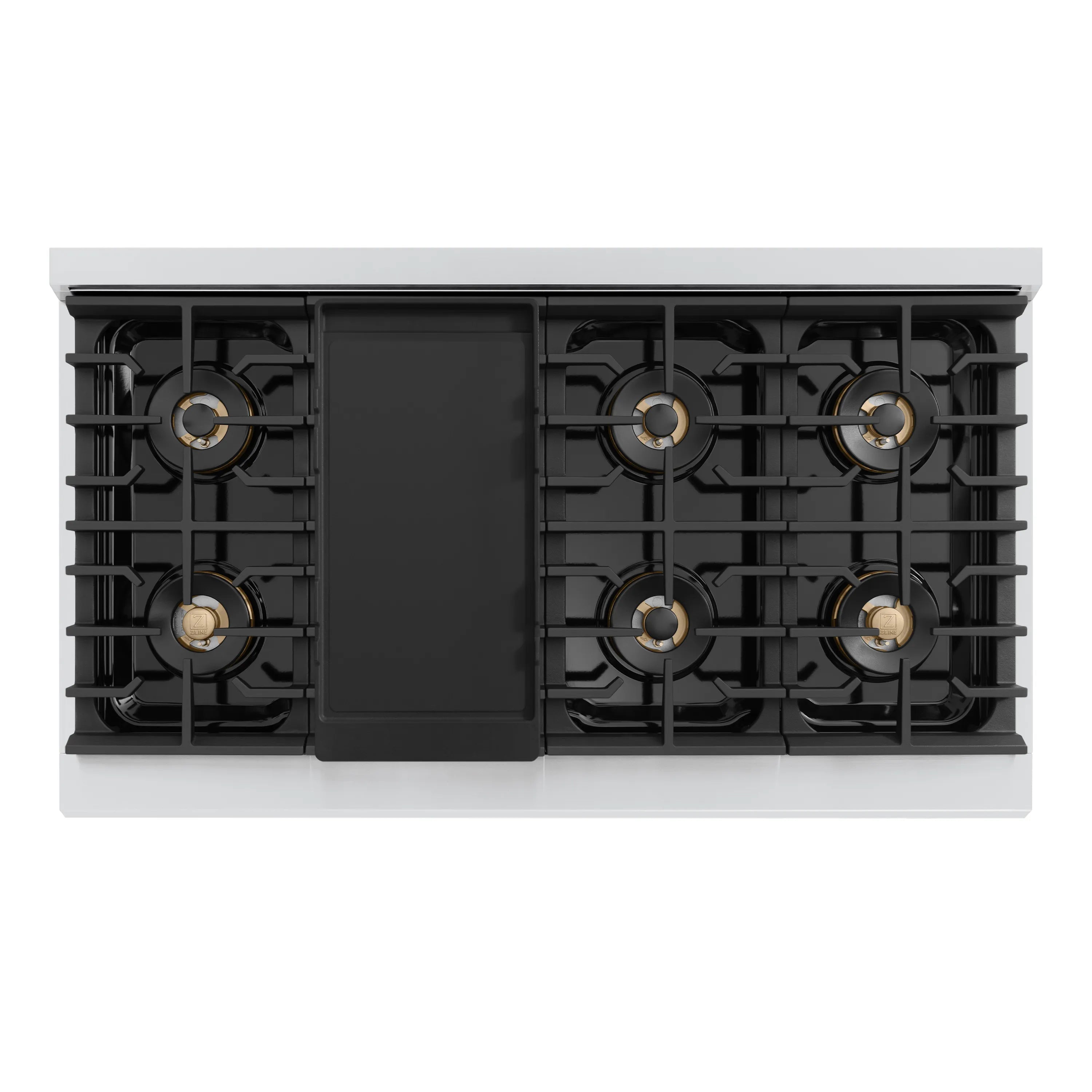 Gas cooktop with black grates and gold burner caps, six-burner top view