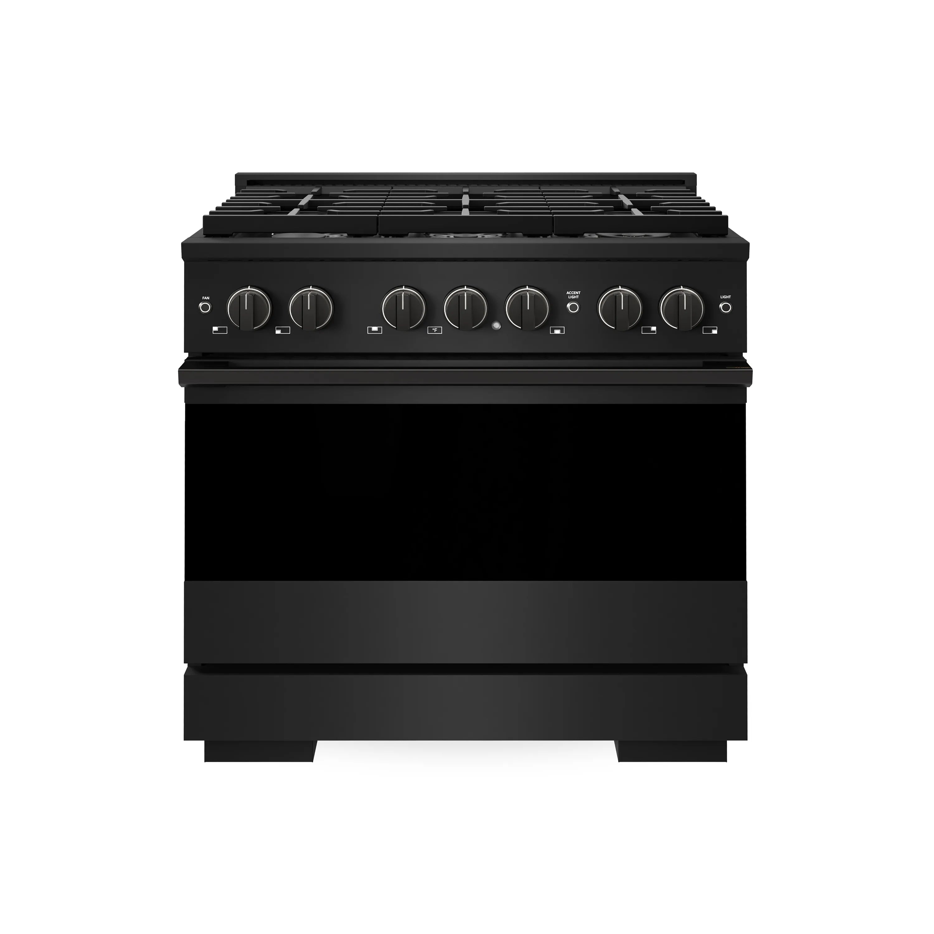 Black dual fuel range with six-burner cooktop and smooth control panel