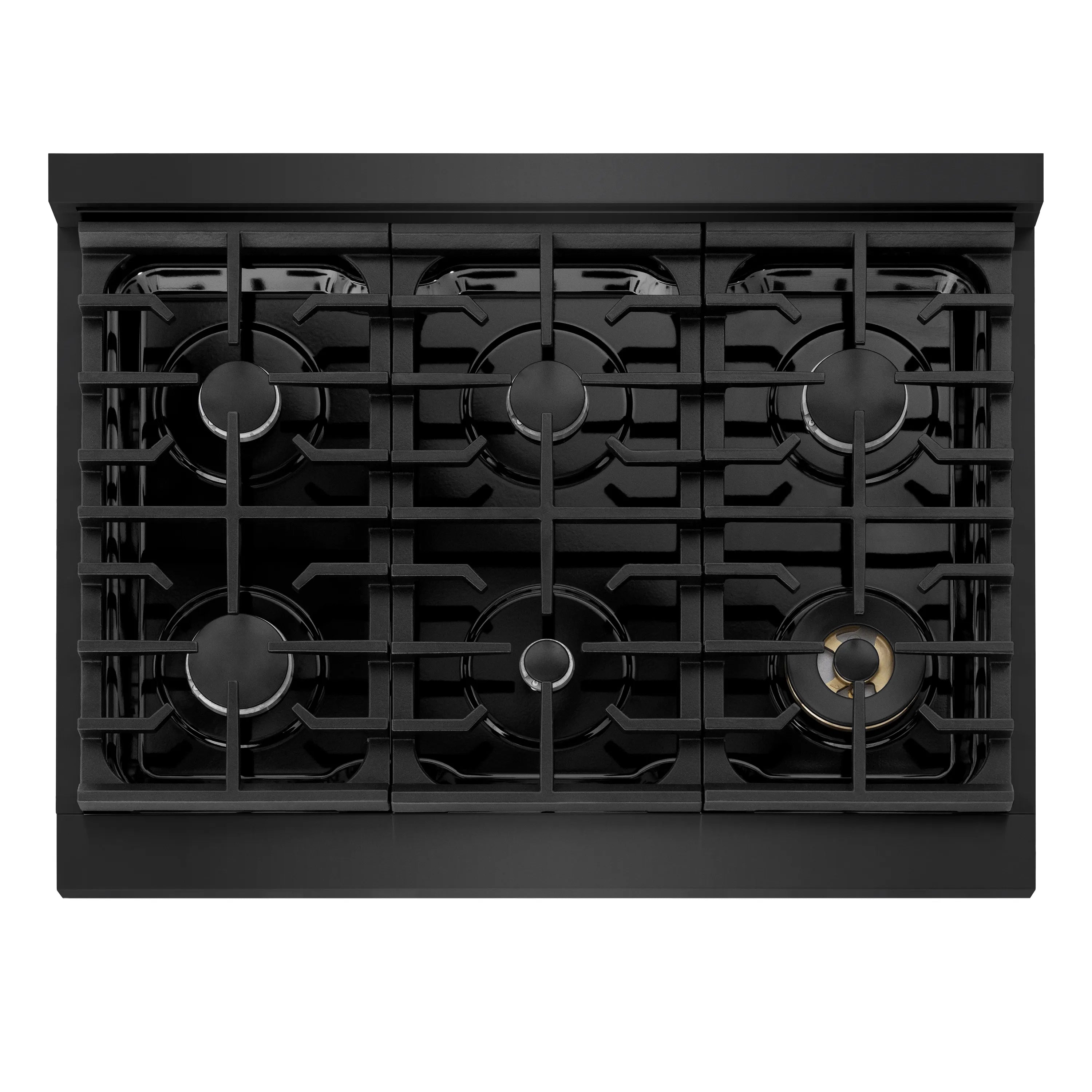Black gas cooktop with six cast burner grates and burner caps