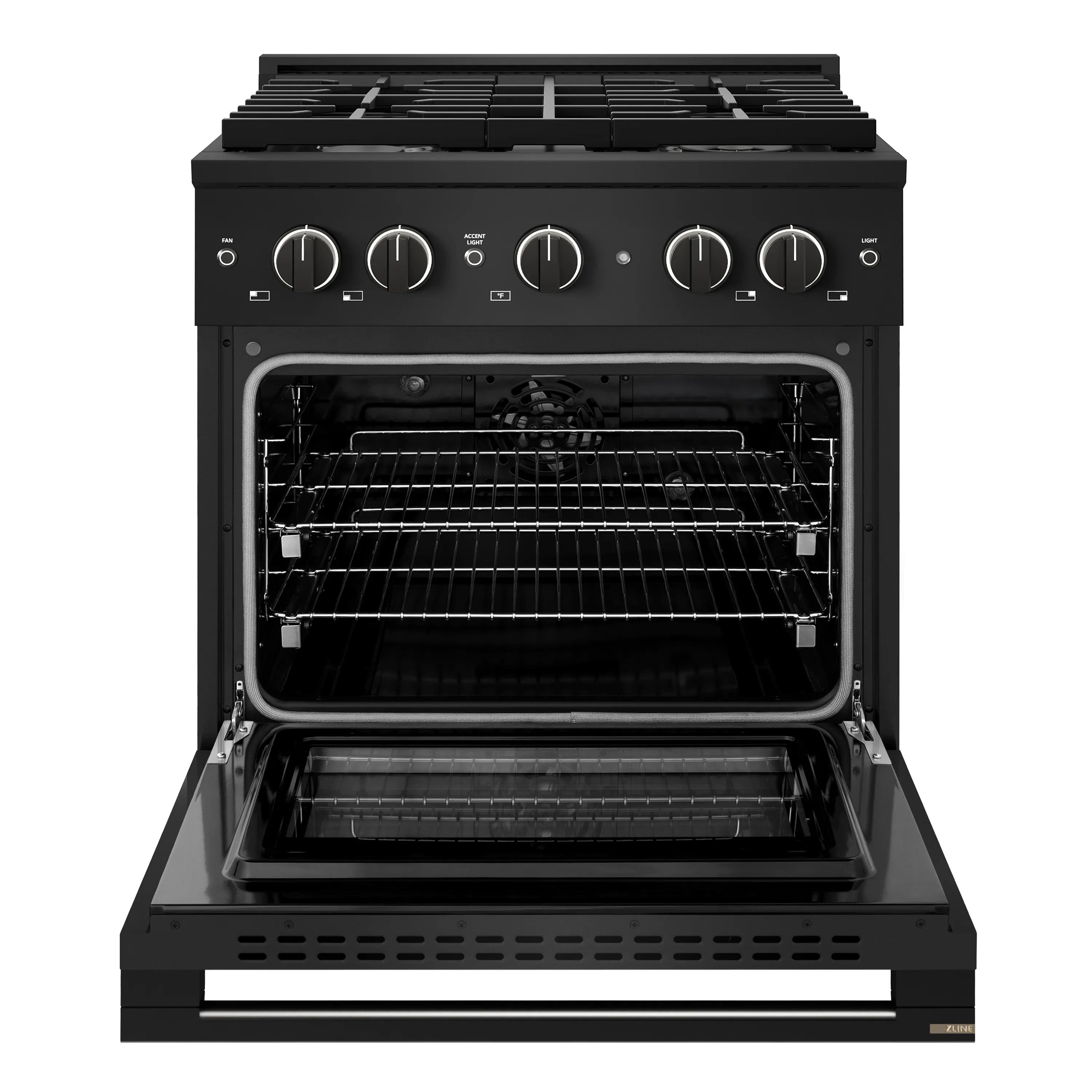 Black dual fuel range with open oven door showing racks and baking interior