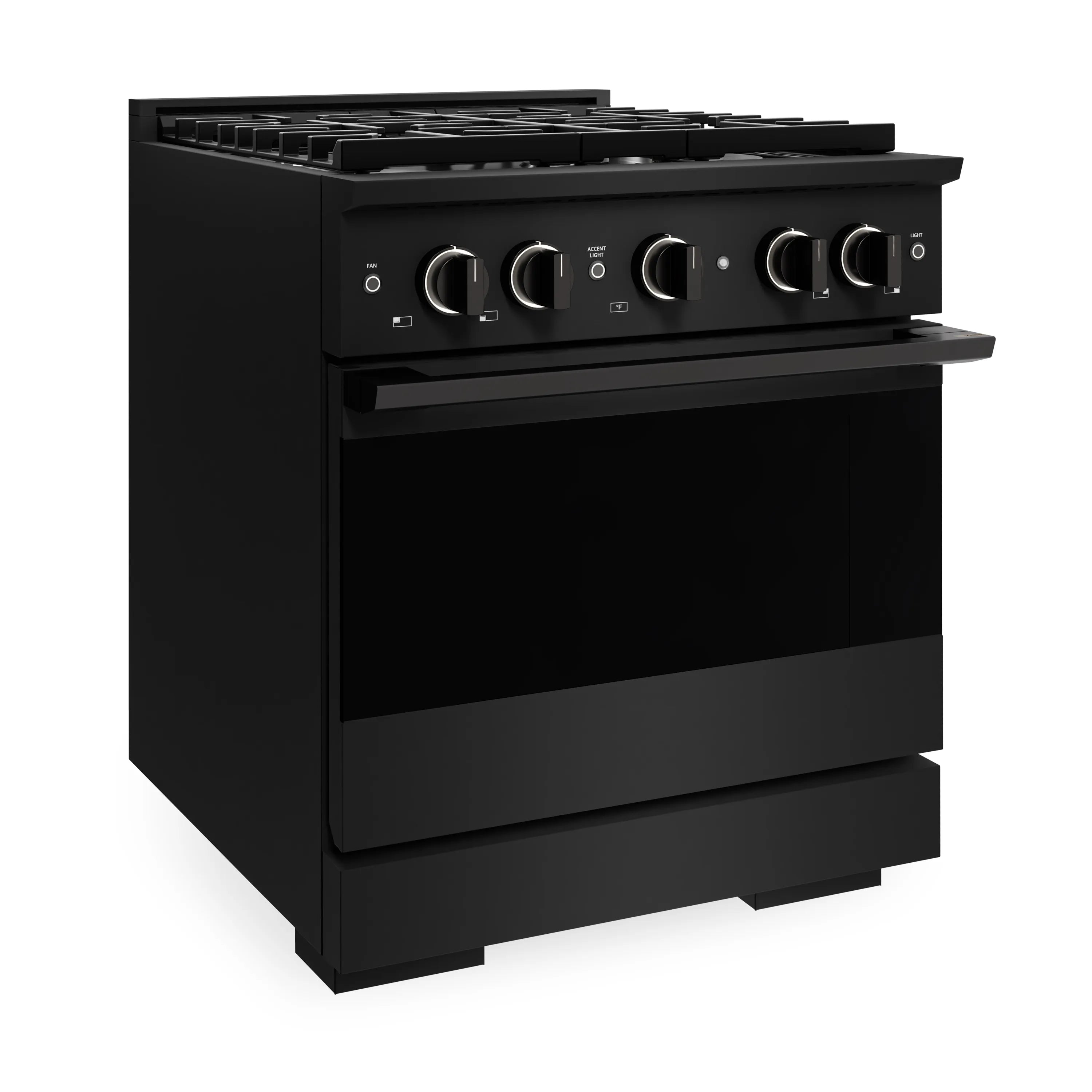 Black stainless dual fuel range with 4 gas burners and control knobs, angled view