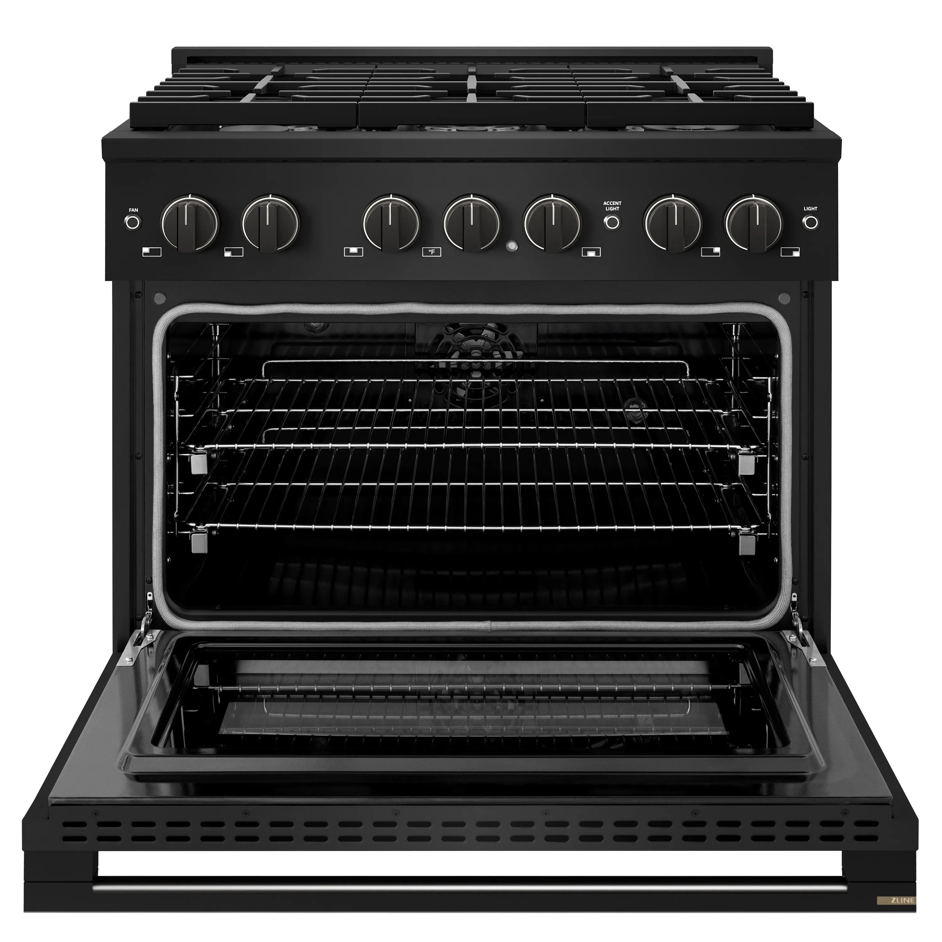 Black dual-fuel range with oven door open, racks and heated baking area visible