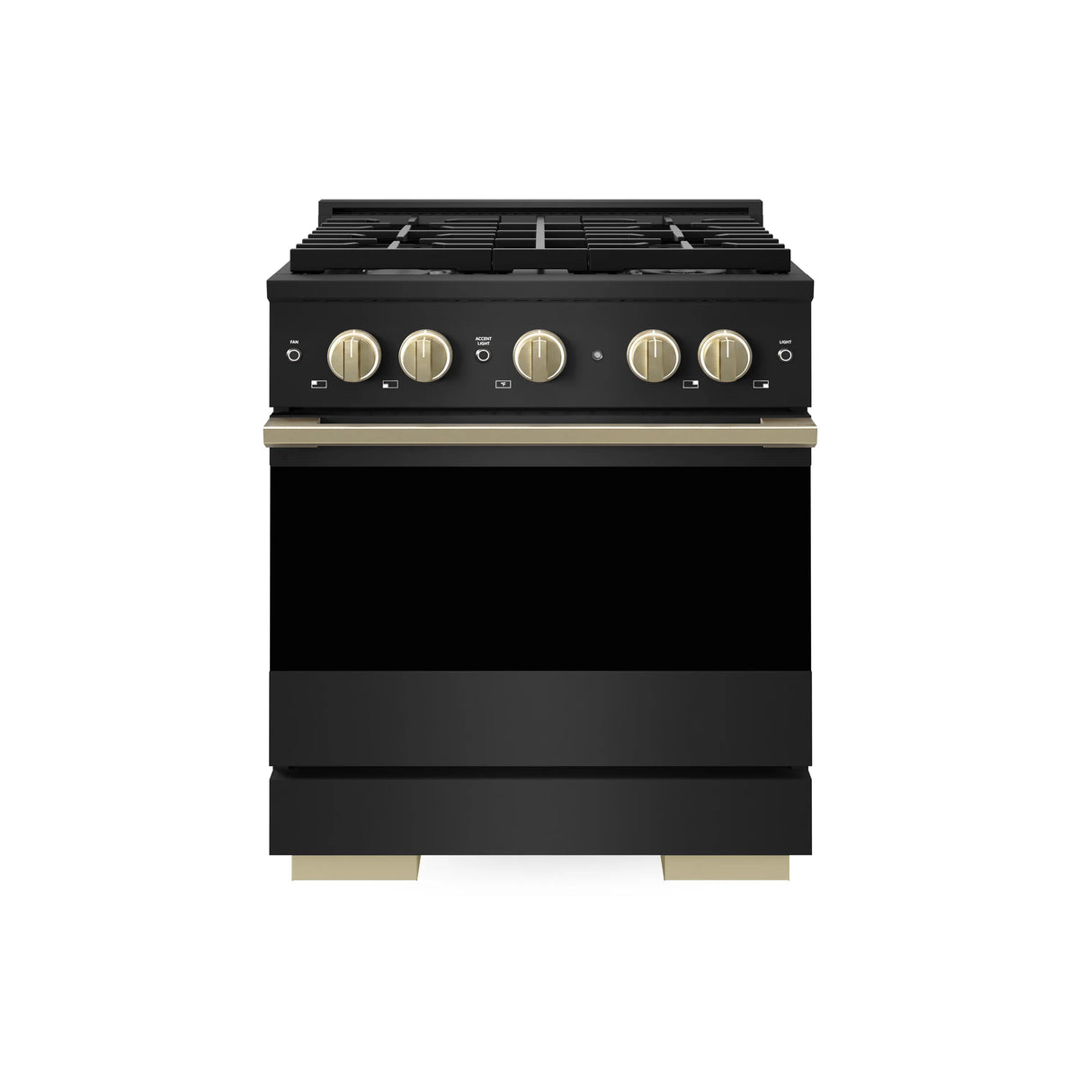 Black stainless dual fuel range front view with champagne bronze knobs and black oven door