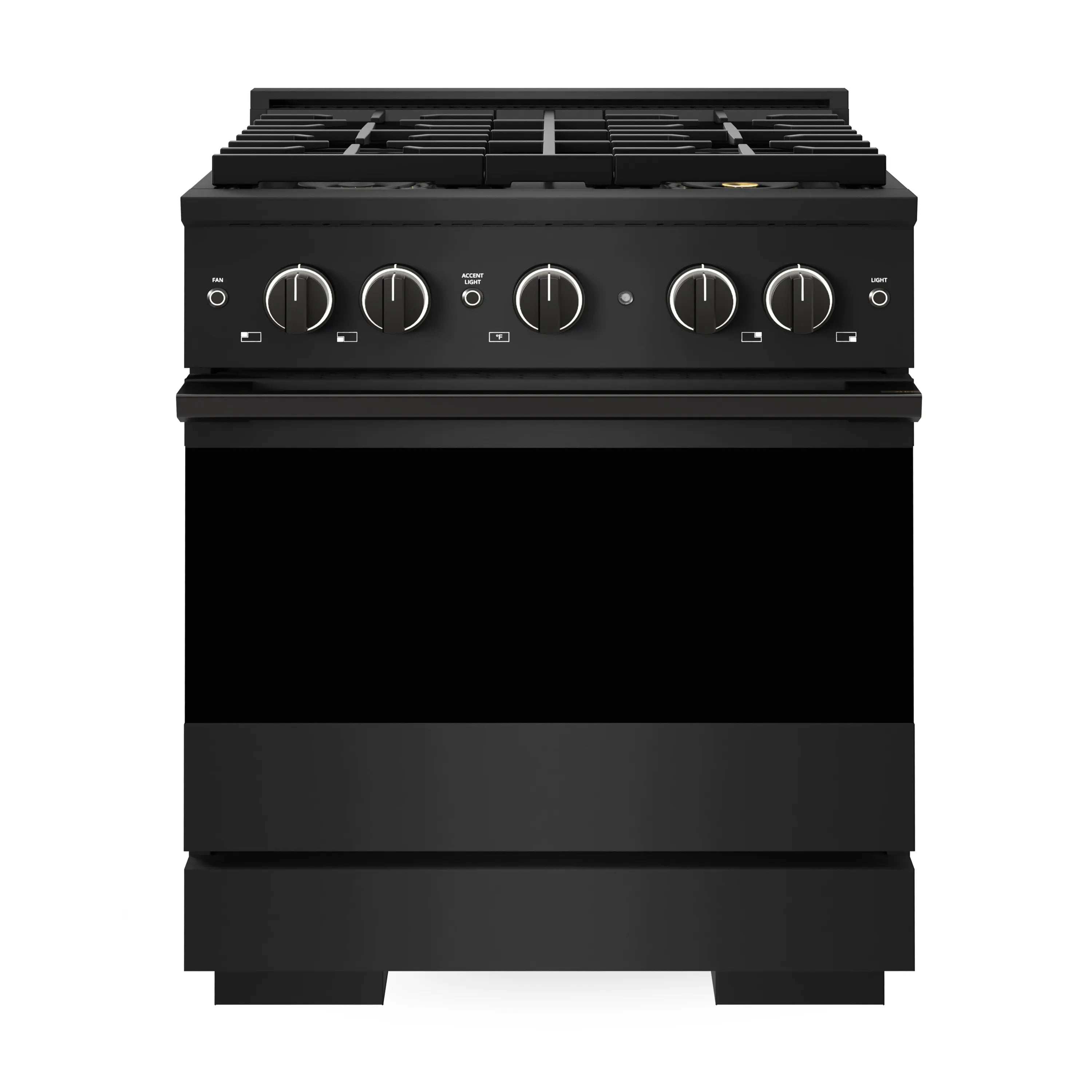 Black dual fuel range front view with multiple burner knobs and oven door