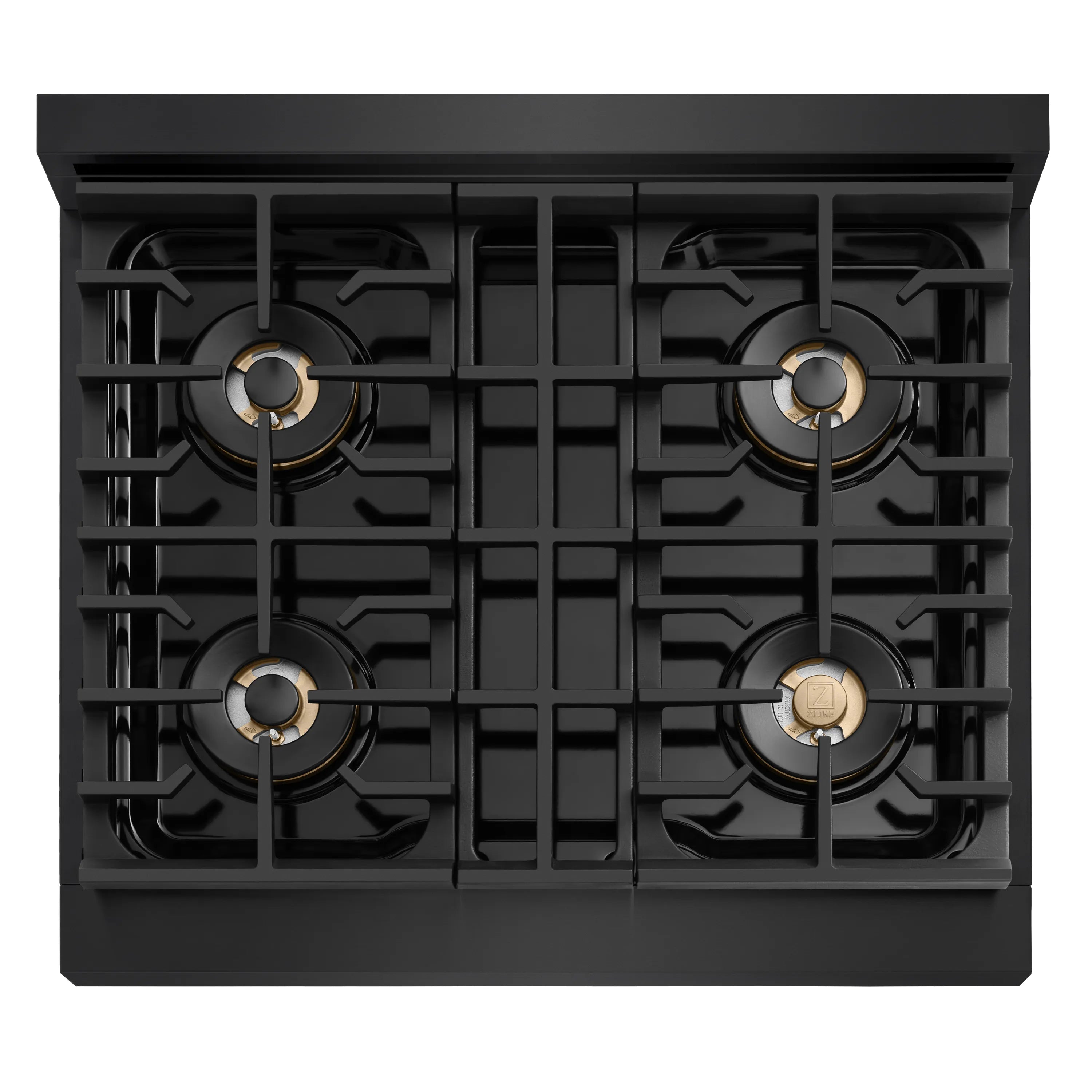 Black cooktop with four gas burner grates and round knobs
