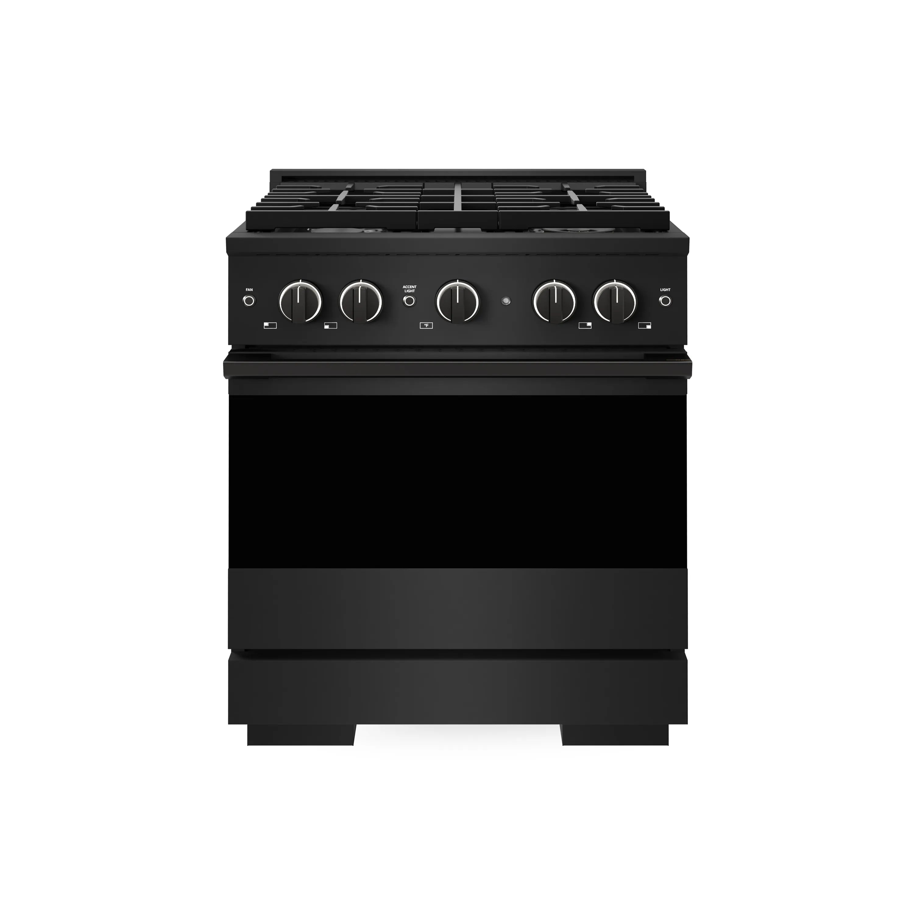 Black gas range with four-burner cooktop grates and front control panel