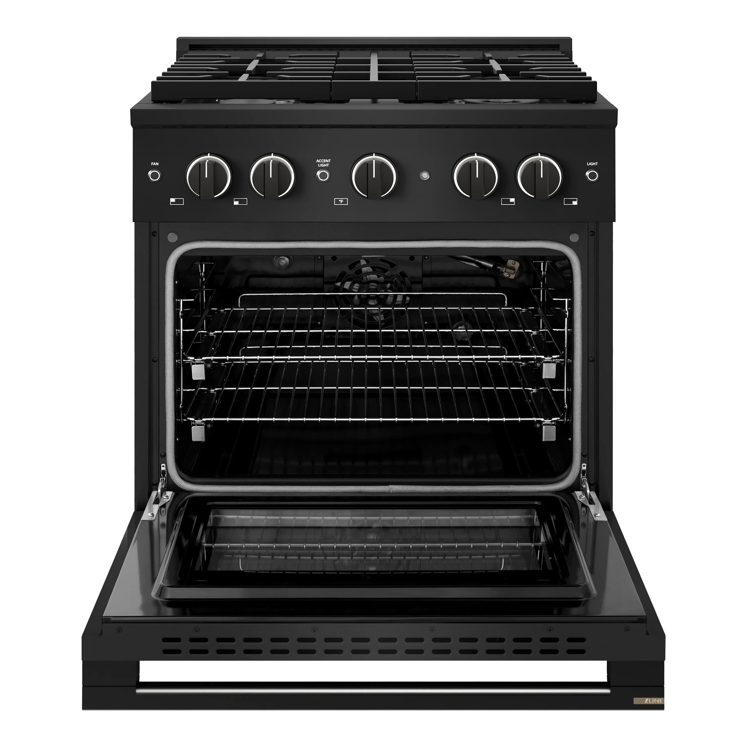 Black gas range with oven door open, showing wire rack and burner cooktop