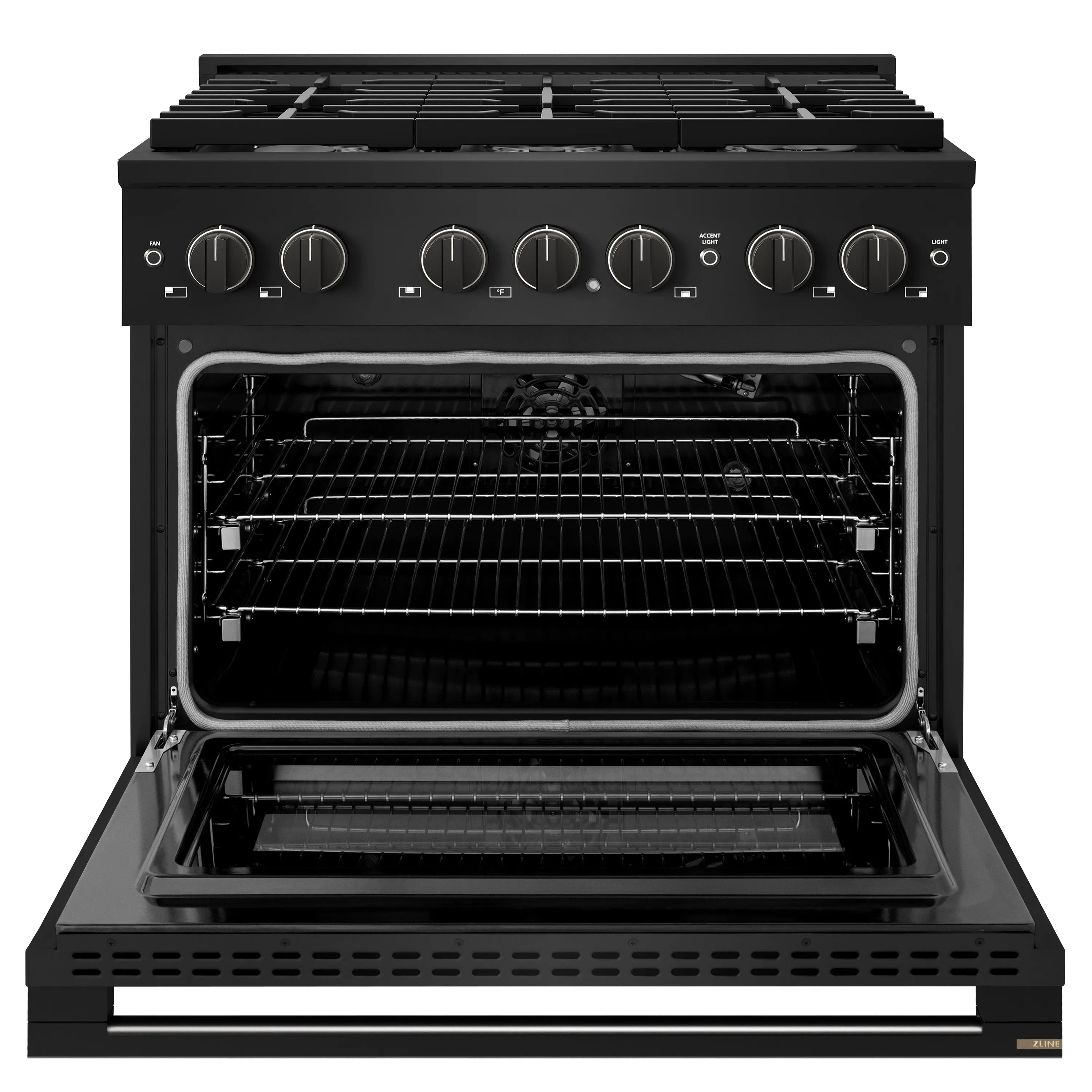Black stainless gas range with open convection oven, racks inside, 6-burner cooktop knobs