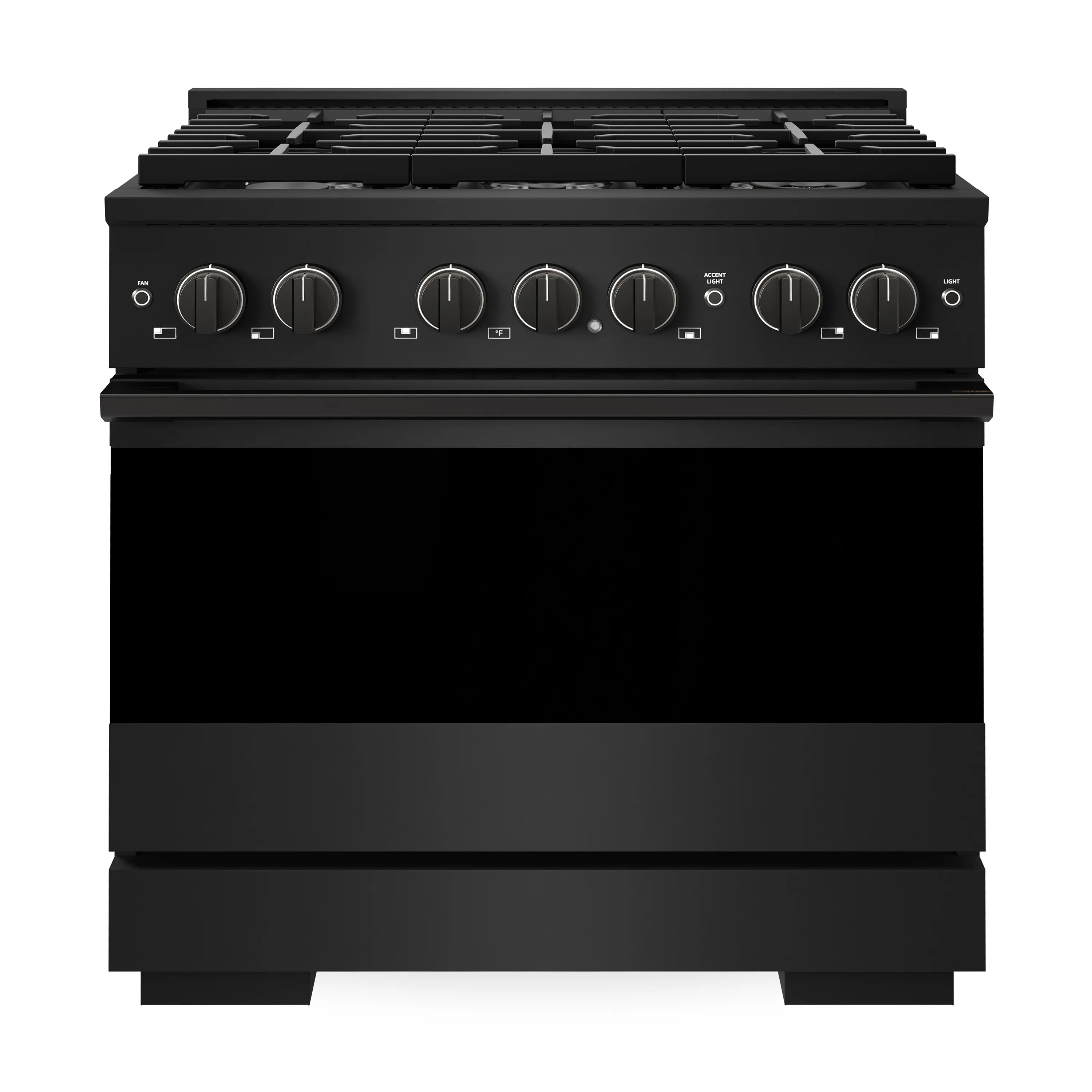 ZLINE black stainless gas range with 6-burner cooktop and front control panel, closed oven door.