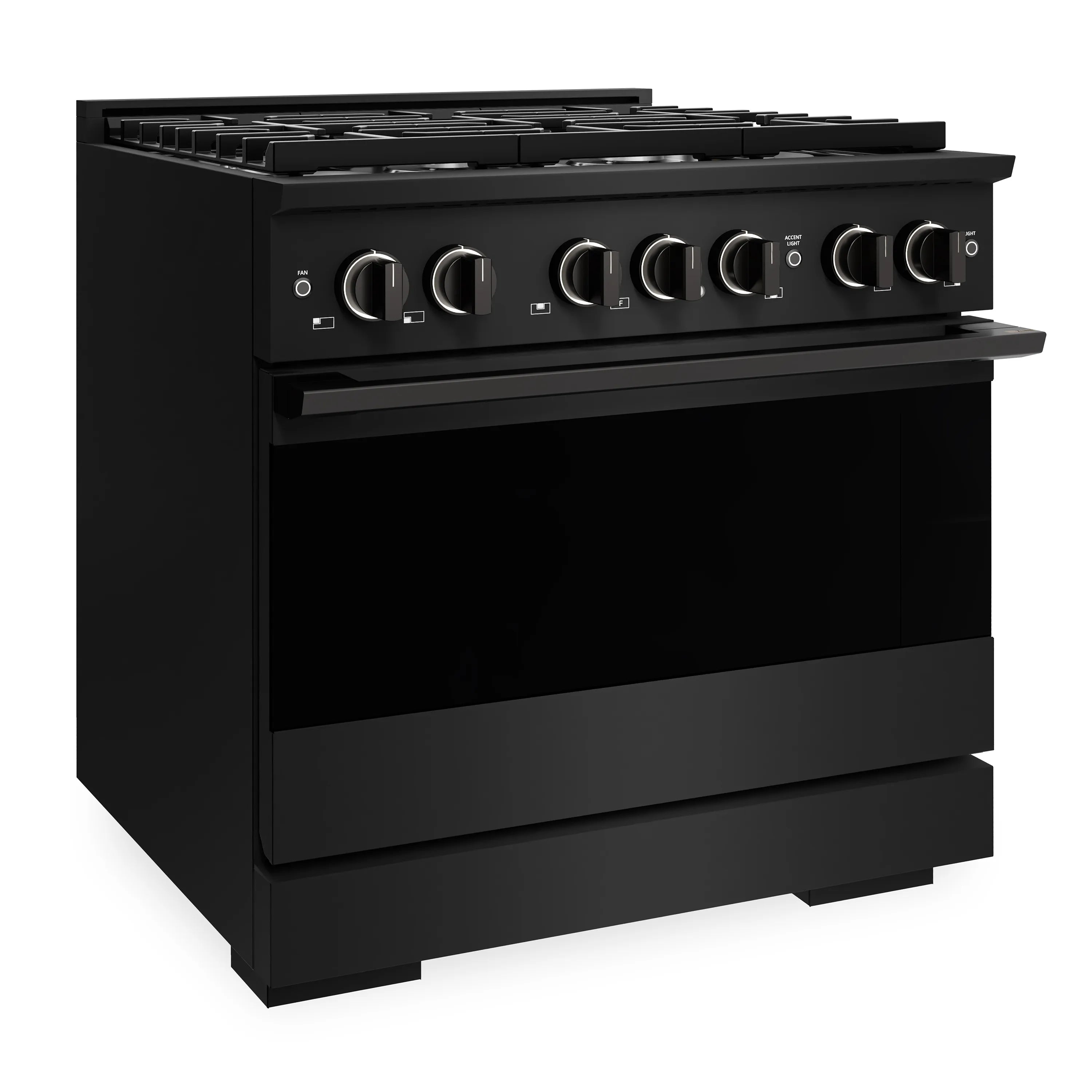 ZLINE black stainless gas range with 6-burner cooktop and control knobs, closed door.