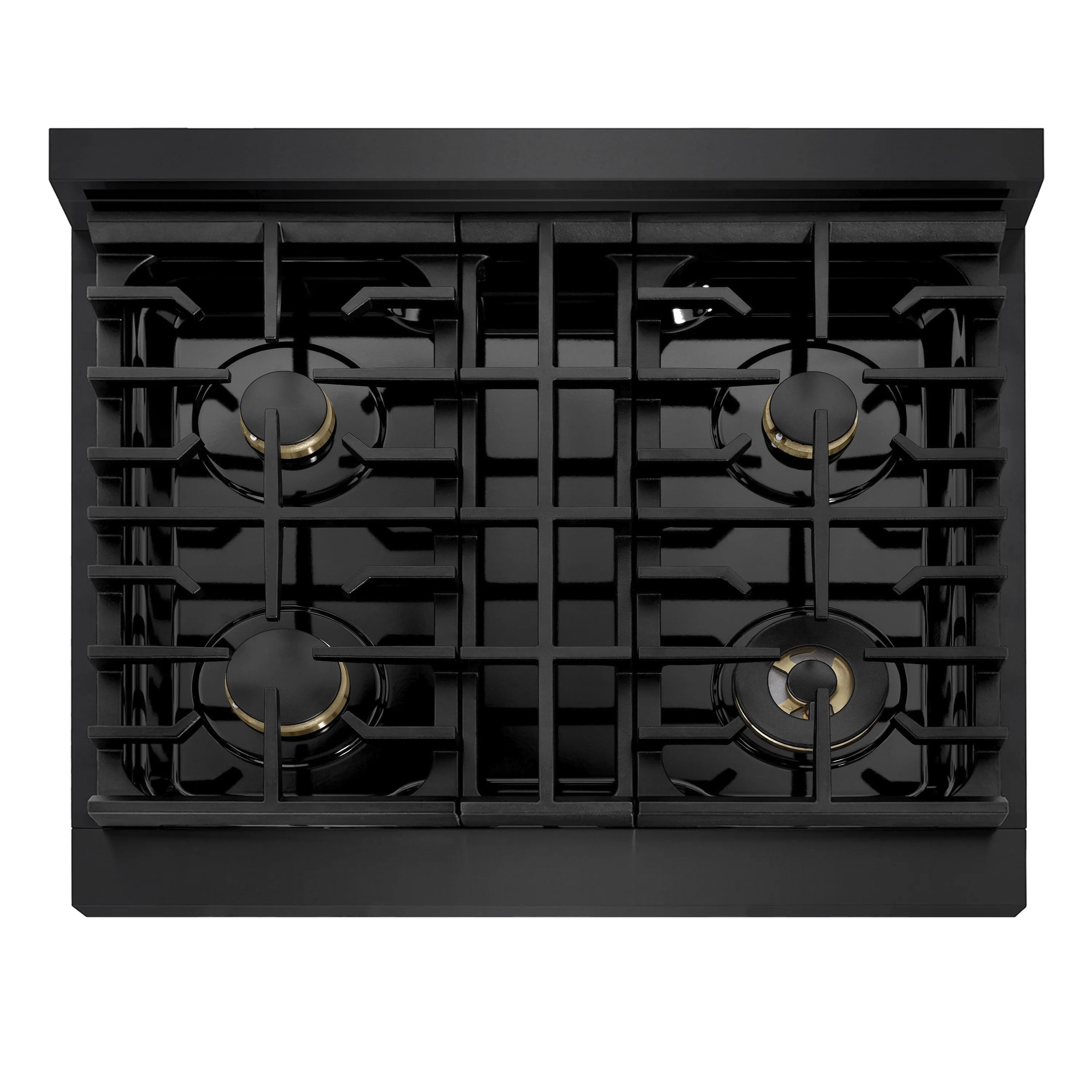 Black gas cooktop with four brass burner caps and grates