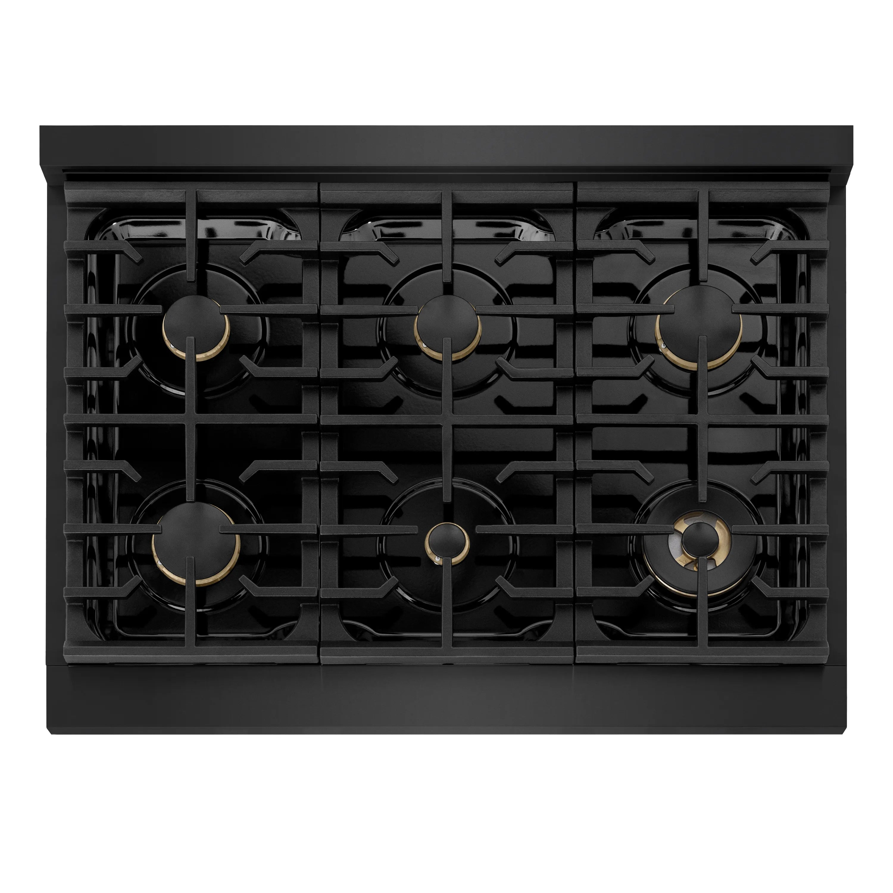 Black gas cooktop with six brass burners and matching burner caps.