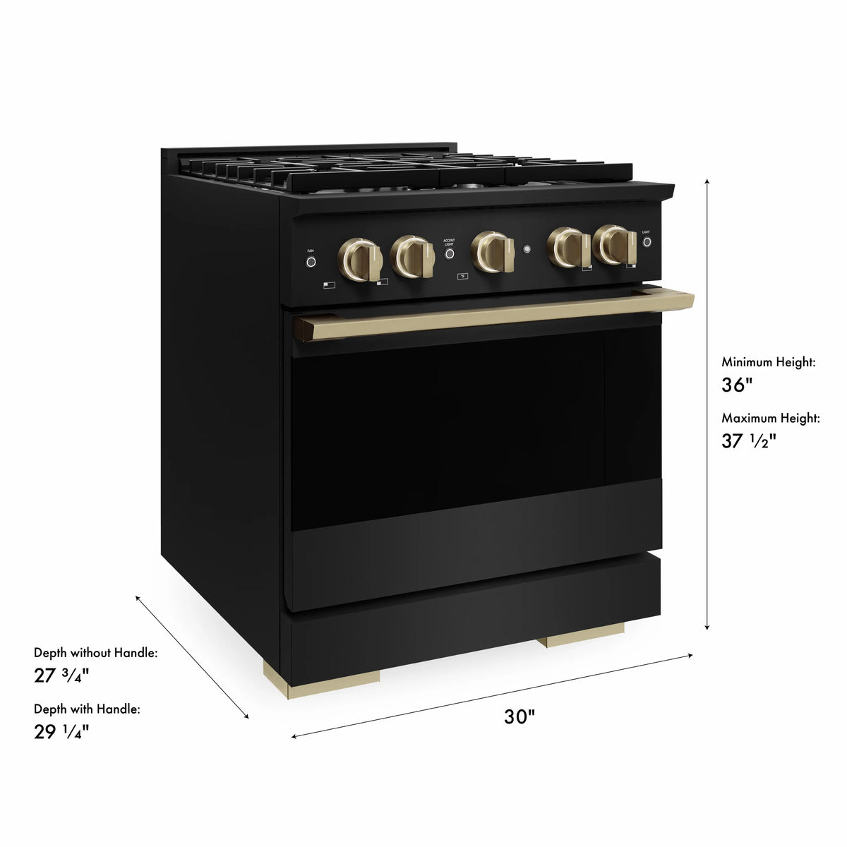 Black stainless gas range with champagne bronze knobs; side view with cooktop and oven door