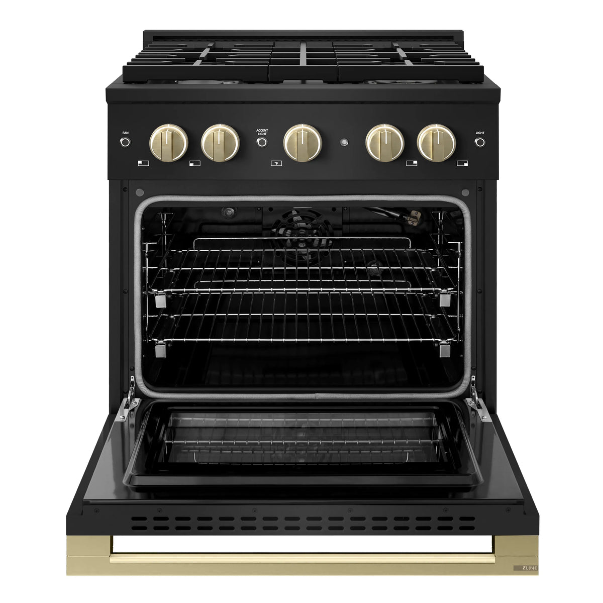 Black stainless gas range with four burners, convection oven, and champagne bronze control knobs