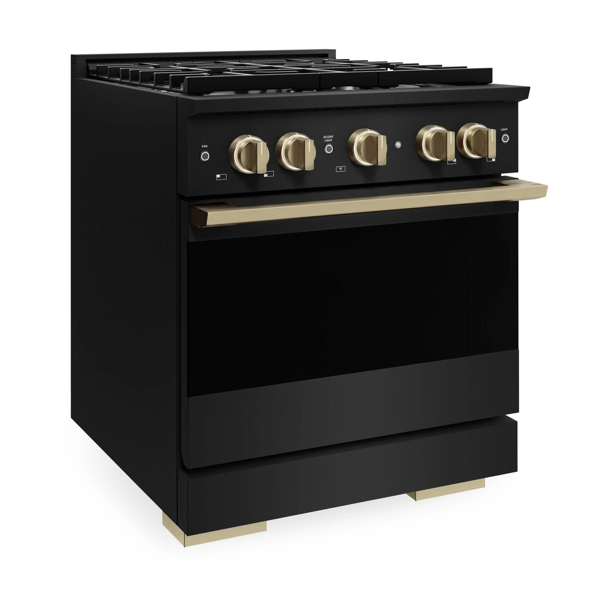 Black gas range front with four bronze control knobs and flat cooktop