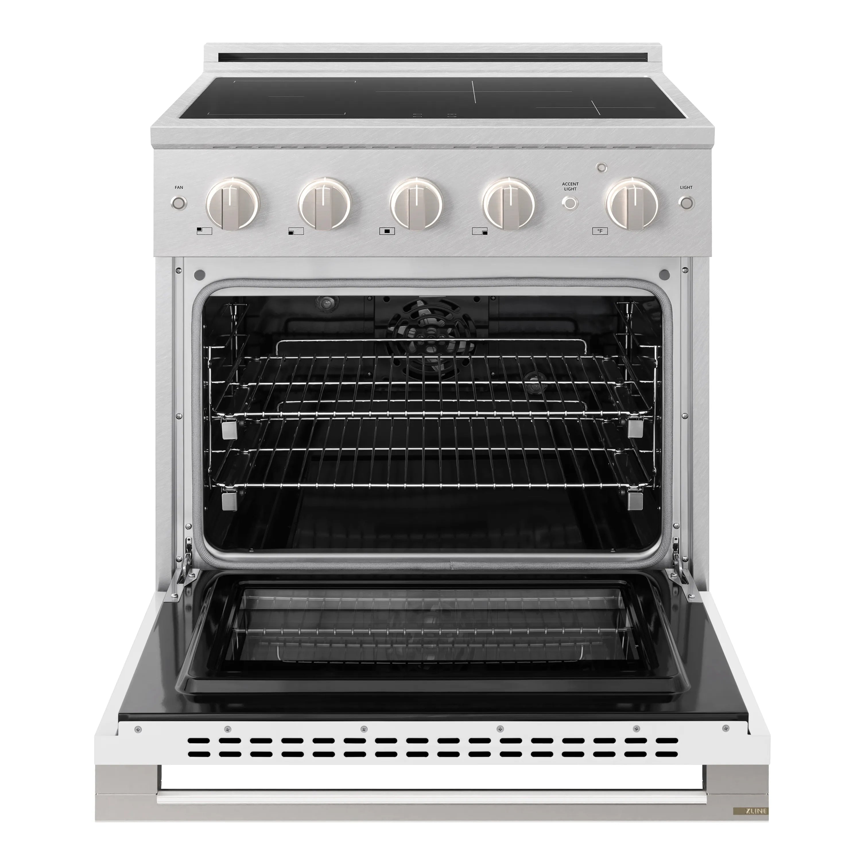 ZLINE 30-Inch 4.2 cu. ft. Marino Induction Range with 4 Element Cooktop and Electric Convection Oven in Satin Stainless Steel with White Matte Door (MINRS-WM-30)