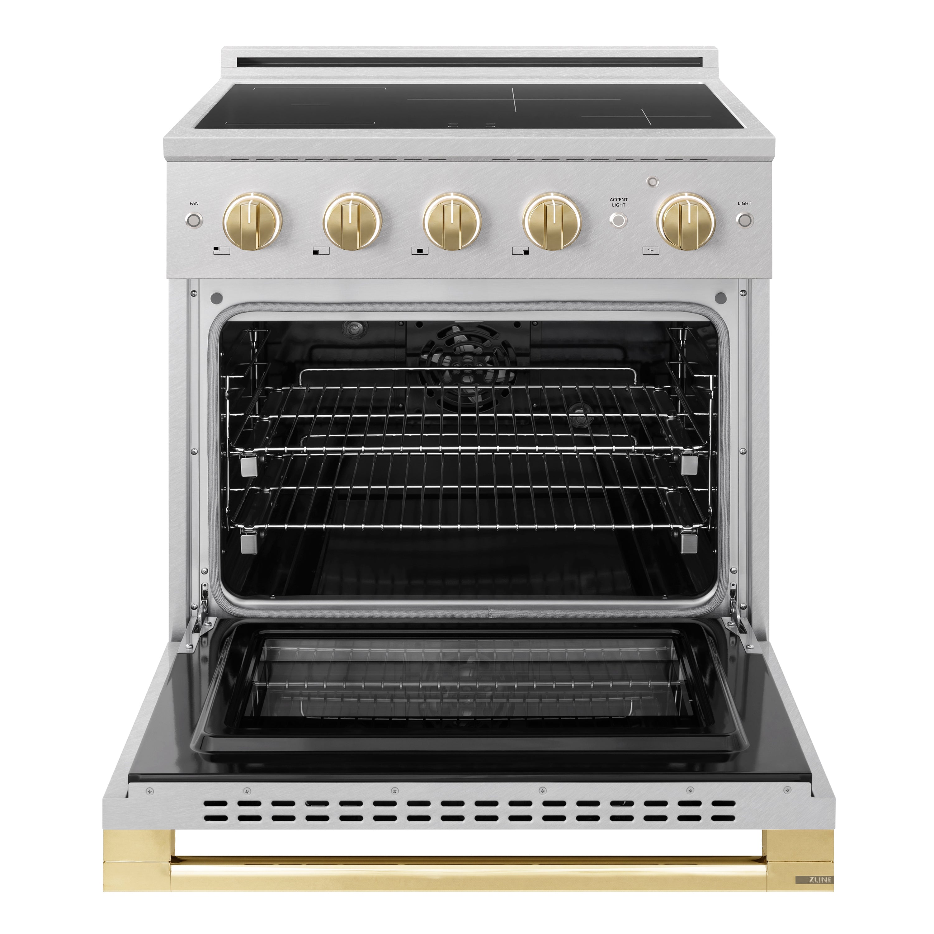 ZLINE Autograph Edition 30-Inch 4.2 cu. ft. Marino Induction Range with 4 Element Cooktop and Electric Convection Oven in Satin Stainless Steel with Polished Gold Accents (MINRSZ-30-G)
