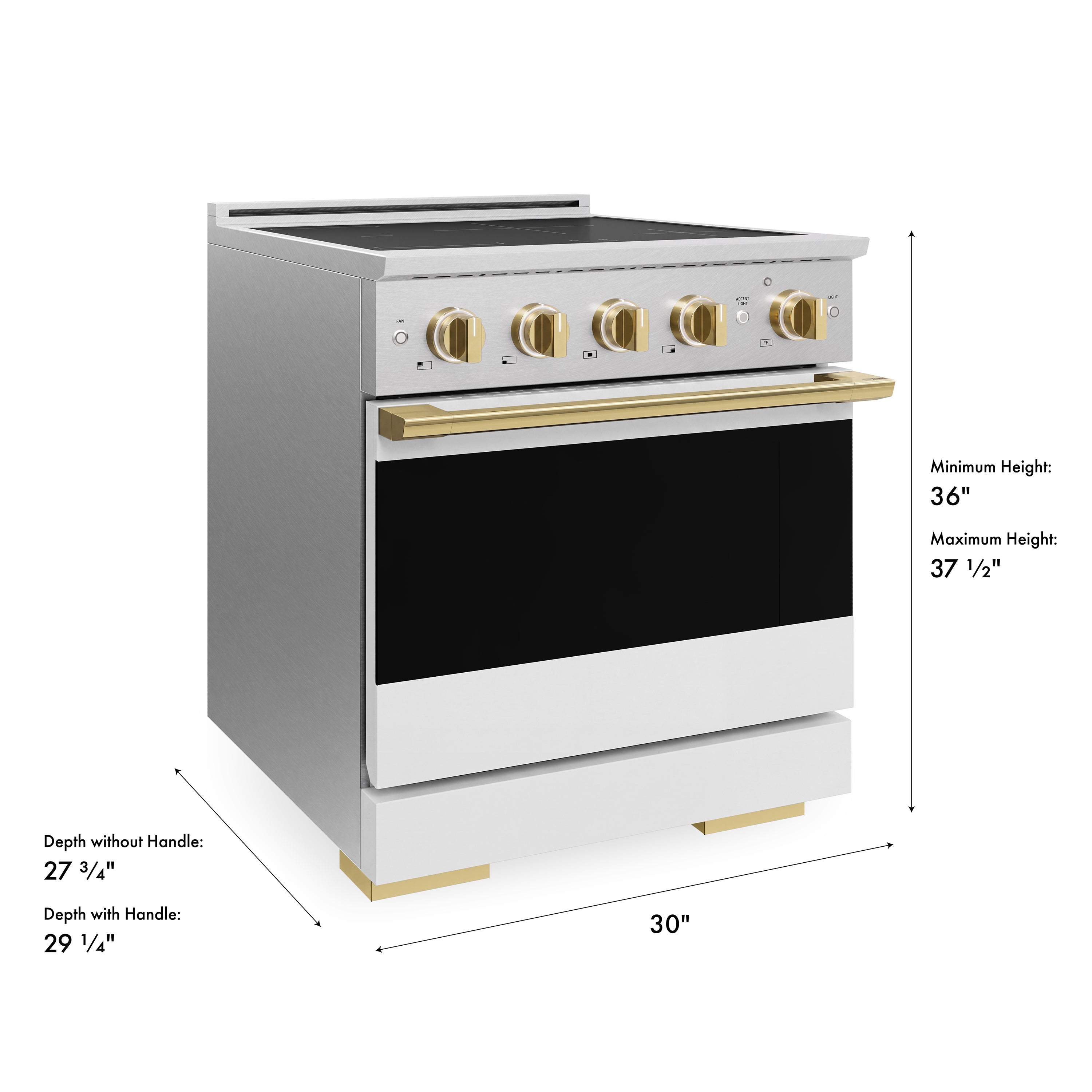 ZLINE Autograph Edition 30-Inch 4.2 cu. ft. Marino Induction Range with 4 Element Cooktop and Electric Convection Oven in Satin Stainless Steel with White Matte Door and Polished Gold Accents (MINRSZ-WM-30-G)
