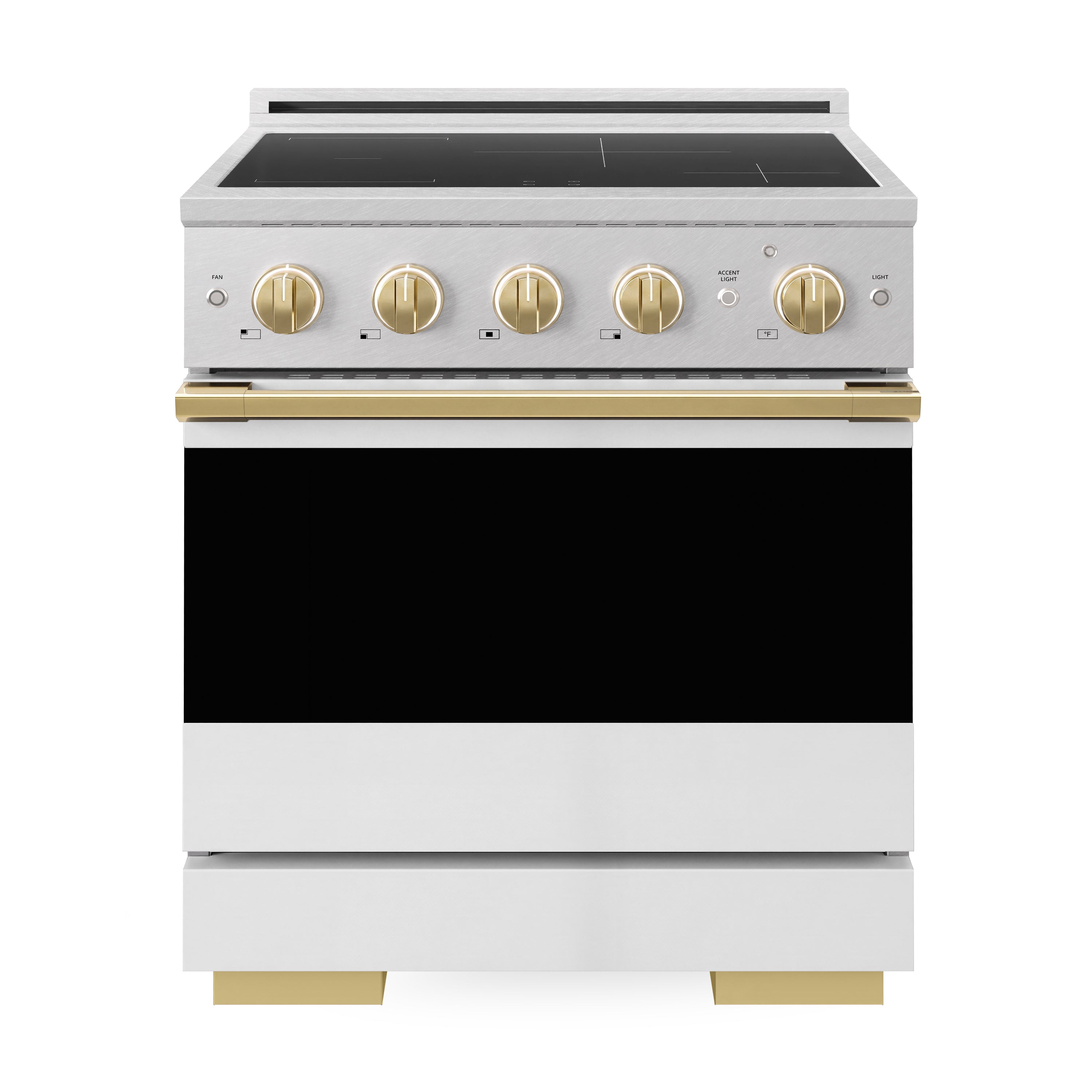 ZLINE Autograph Edition 30-Inch 4.2 cu. ft. Marino Induction Range with 4 Element Cooktop and Electric Convection Oven in Satin Stainless Steel with White Matte Door and Polished Gold Accents (MINRSZ-WM-30-G)