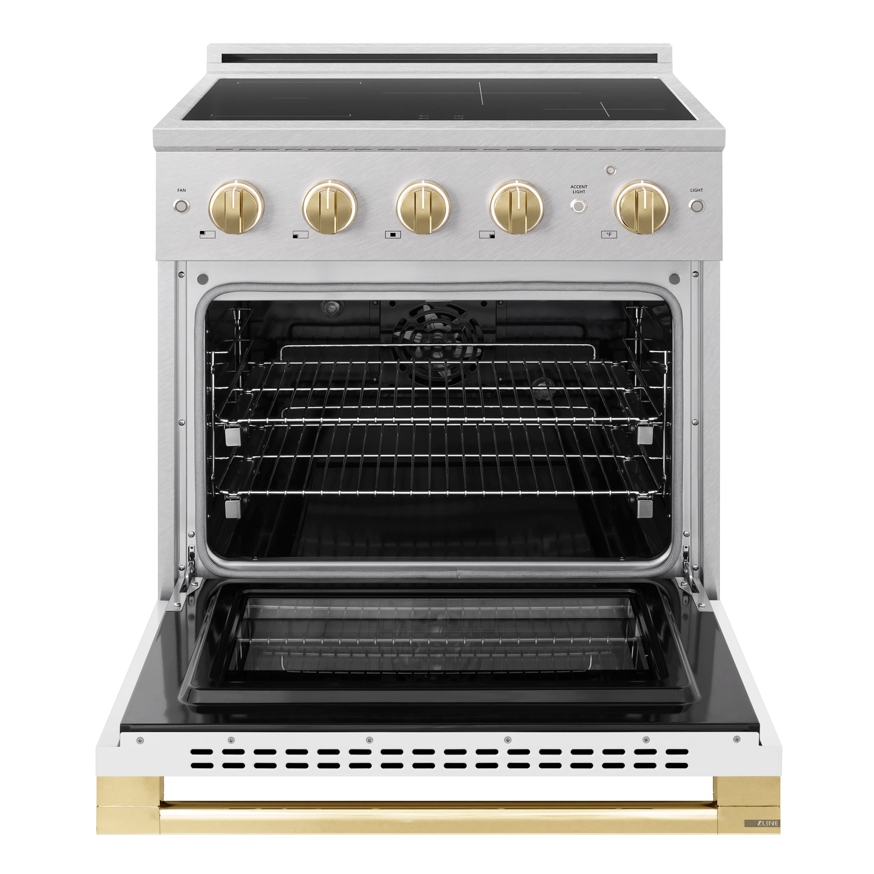 ZLINE Autograph Edition 30-Inch 4.2 cu. ft. Marino Induction Range with 4 Element Cooktop and Electric Convection Oven in Satin Stainless Steel with White Matte Door and Polished Gold Accents (MINRSZ-WM-30-G)