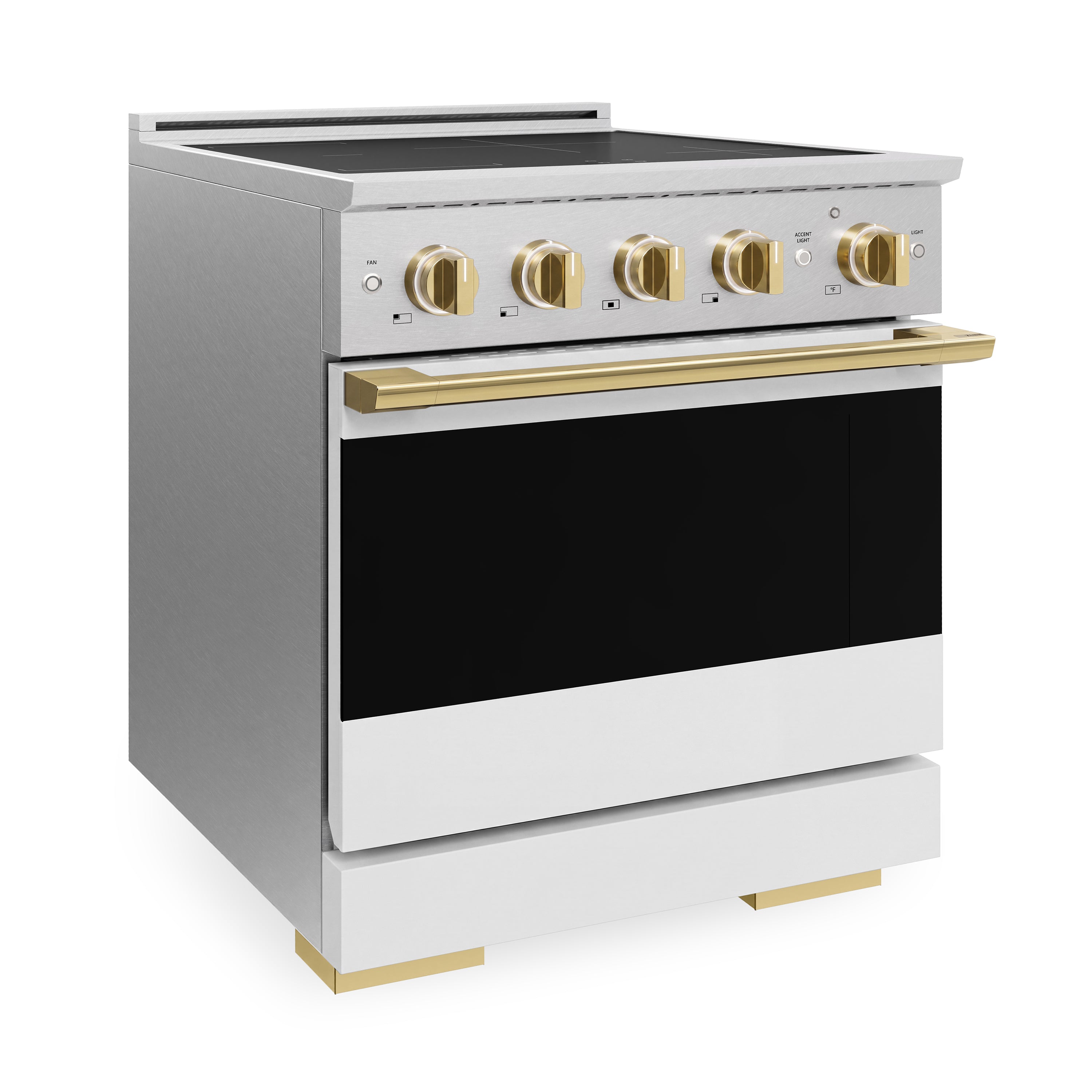 ZLINE Autograph Edition 30-Inch 4.2 cu. ft. Marino Induction Range with 4 Element Cooktop and Electric Convection Oven in Satin Stainless Steel with White Matte Door and Polished Gold Accents (MINRSZ-WM-30-G)