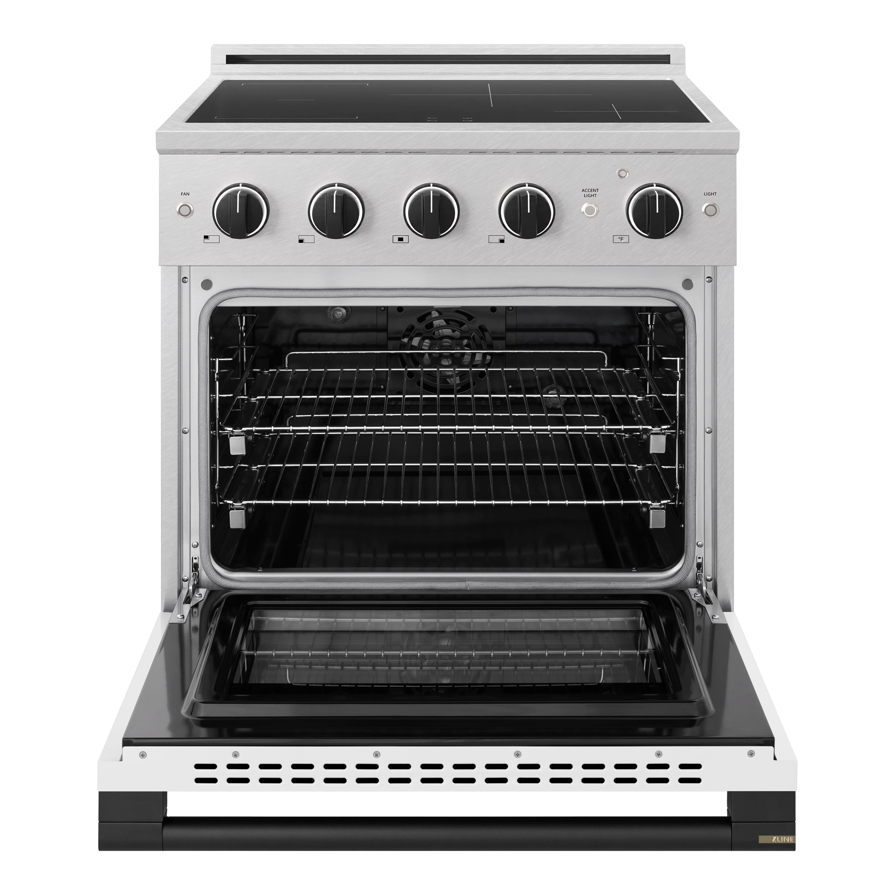 ZLINE Autograph Edition 30-Inch 4.2 cu. ft. Marino Induction Range with 4 Element Cooktop and Electric Convection Oven in Satin Stainless Steel with White Matte Door and Matte Black Accents (MINRSZ-WM-30-MB)