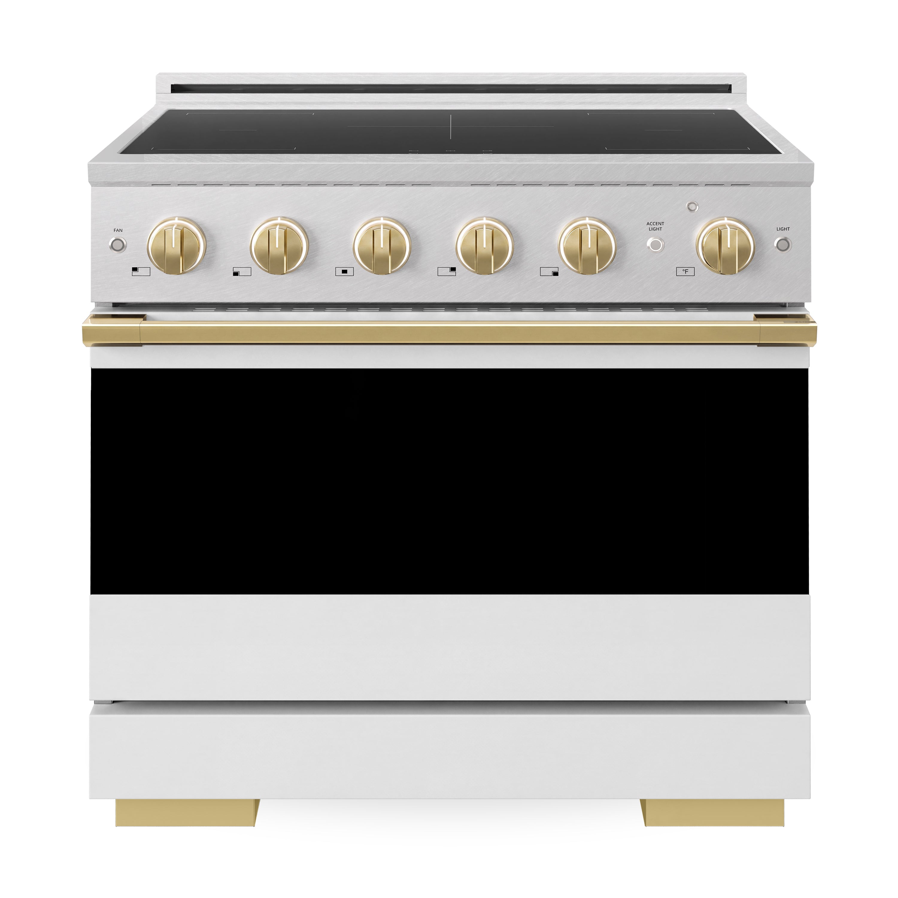 ZLINE Autograph Edition 36-Inch 5.2 cu. ft. Marino Induction Range with 5 Element Cooktop and Electric Convection Oven in Satin Stainless Steel with White Matte Door and Polished Gold Accents (MINRSZ-WM-36-G)