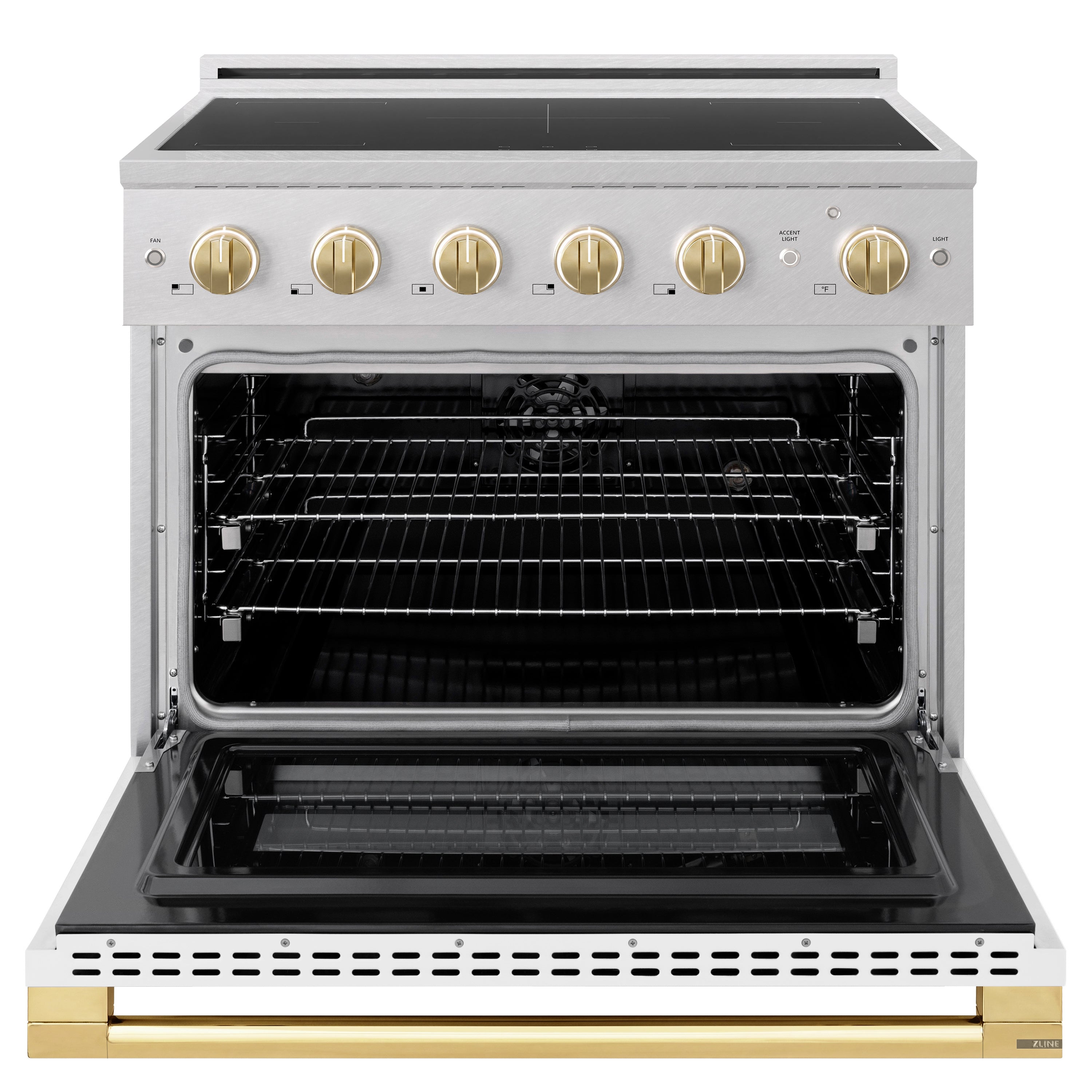 ZLINE Autograph Edition 36-Inch 5.2 cu. ft. Marino Induction Range with 5 Element Cooktop and Electric Convection Oven in Satin Stainless Steel with White Matte Door and Polished Gold Accents (MINRSZ-WM-36-G)