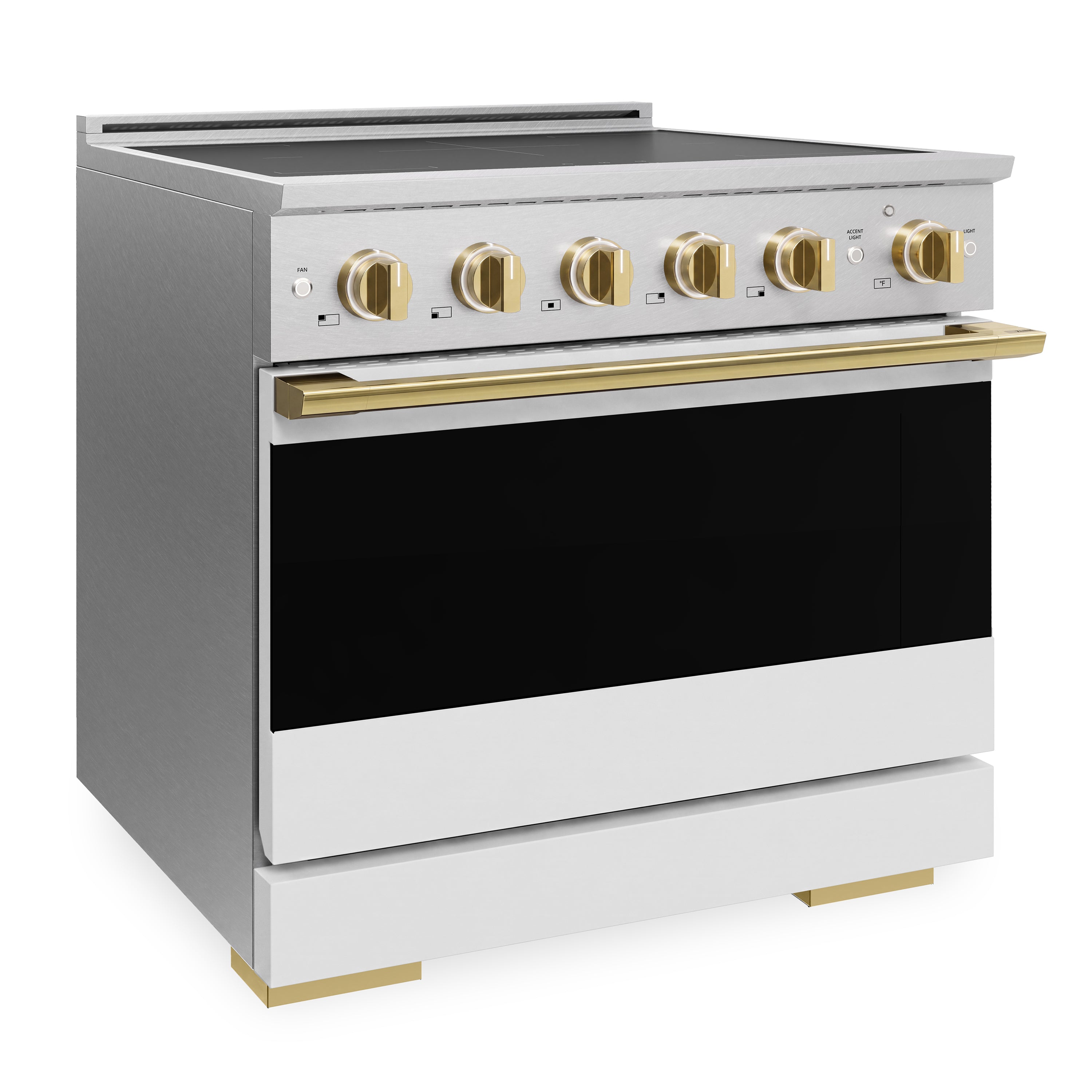 ZLINE Autograph Edition 36-Inch 5.2 cu. ft. Marino Induction Range with 5 Element Cooktop and Electric Convection Oven in Satin Stainless Steel with White Matte Door and Polished Gold Accents (MINRSZ-WM-36-G)