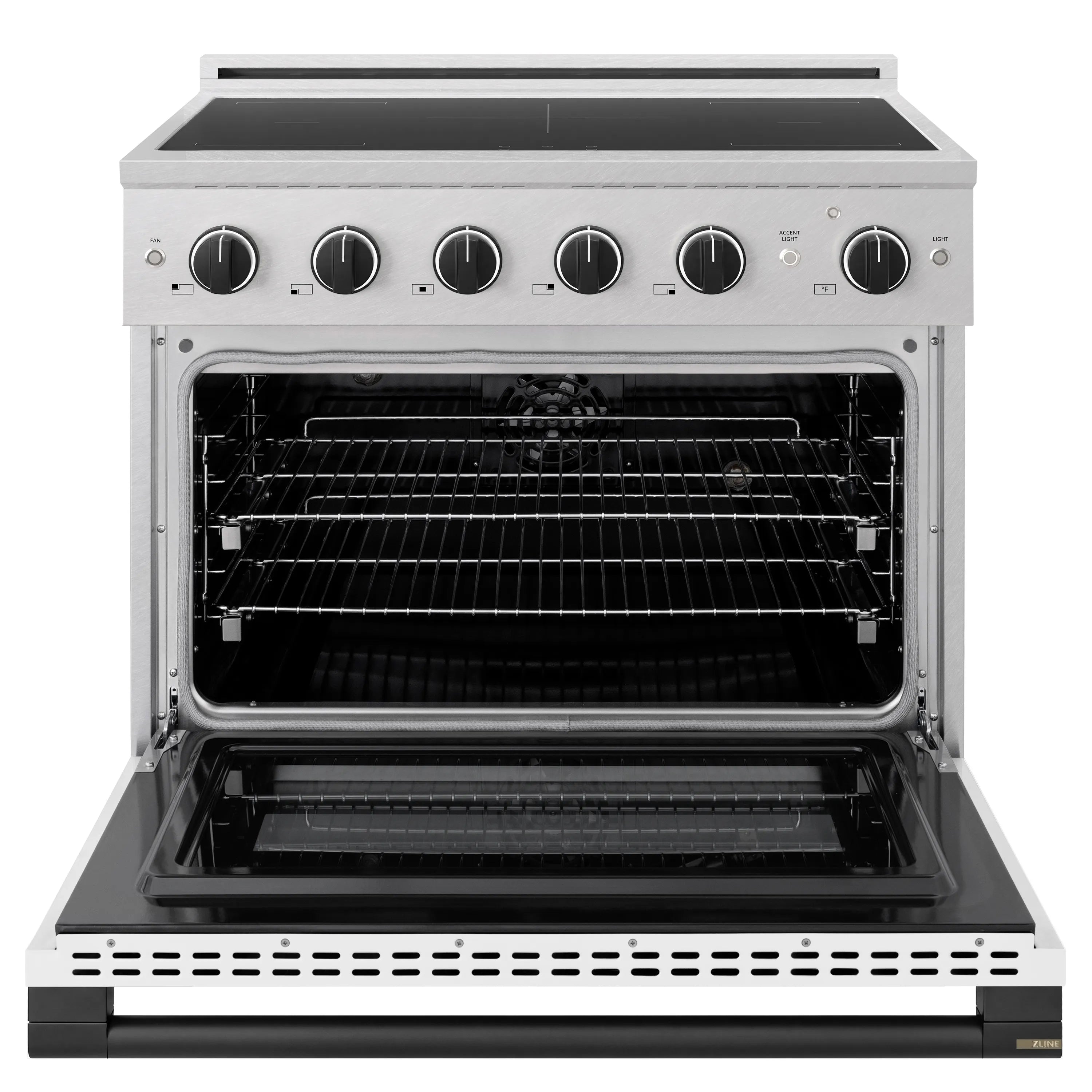 ZLINE Autograph Edition 36-Inch 5.2 cu. ft. Marino Induction Range with 5 Element Cooktop and Electric Convection Oven in Satin Stainless Steel with White Matte Door and Matte Black Accents (MINRSZ-WM-36-MB)