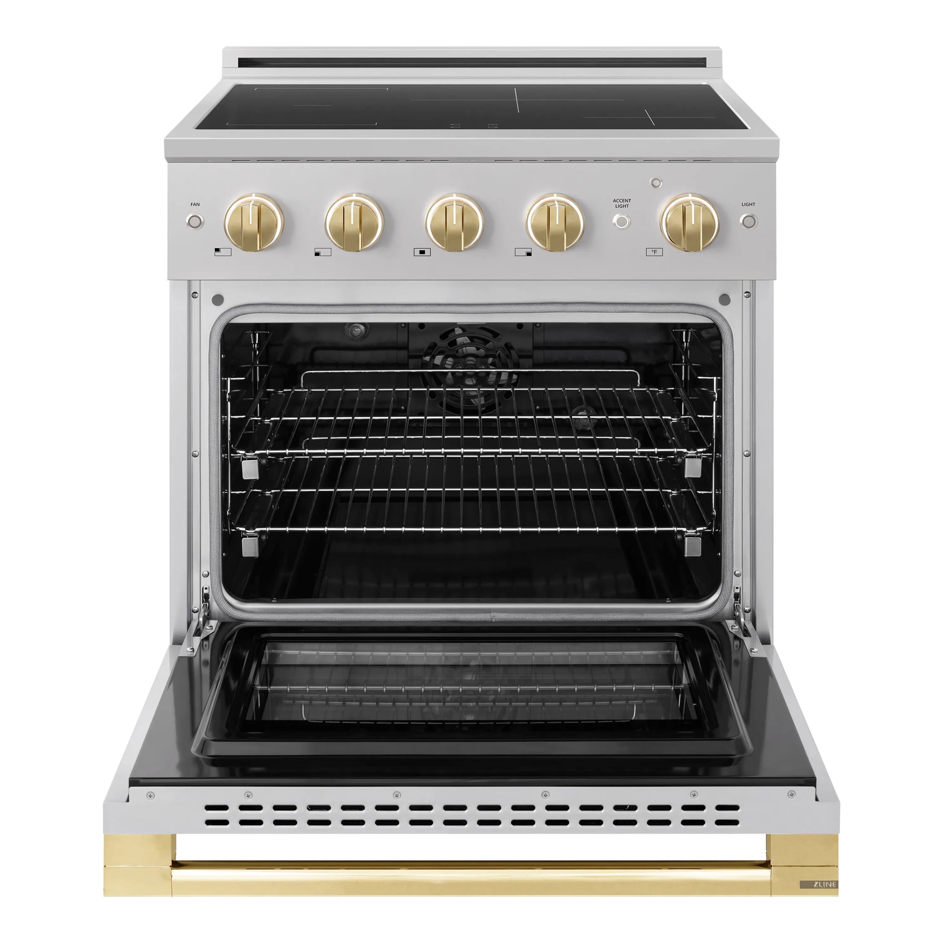 ZLINE Autograph Edition 30-Inch 4.2 cu. ft. Marino Induction Range with 4 Element Cooktop and Electric Convection Oven in Stainless Steel with Polished Gold Accents (MINRZ-30-G)