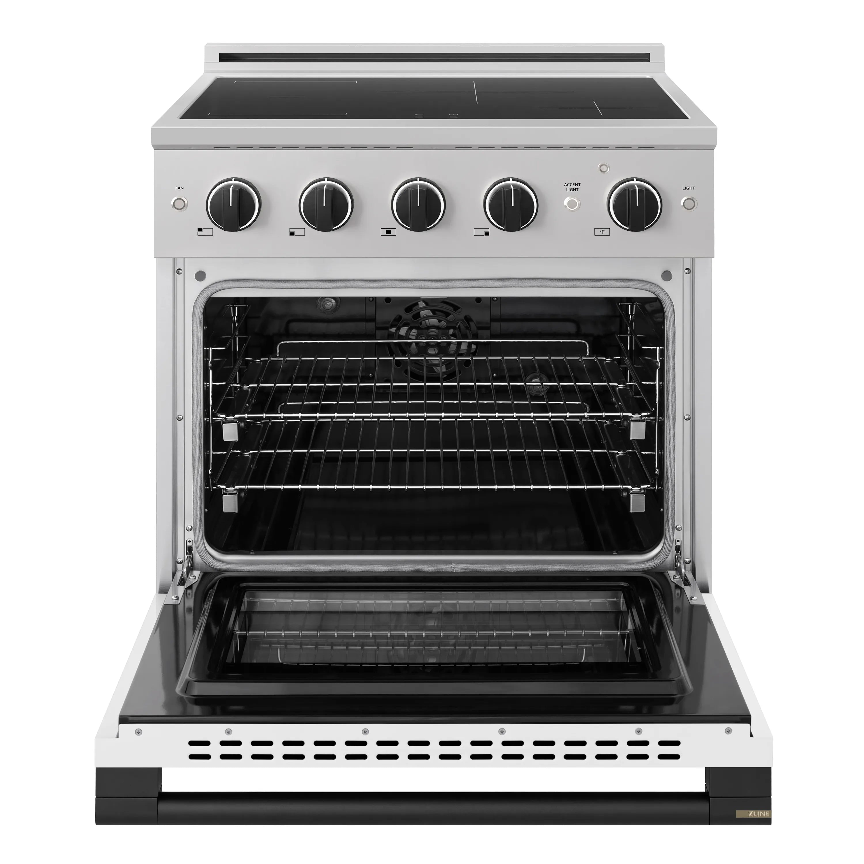ZLINE Autograph Edition 30-Inch 4.2 cu. ft. Marino Induction Range with 4 Element Cooktop and Electric Convection Oven in Stainless Steel with White Matte Door and Matte Black Accents (MINRZ-WM-30-MB)