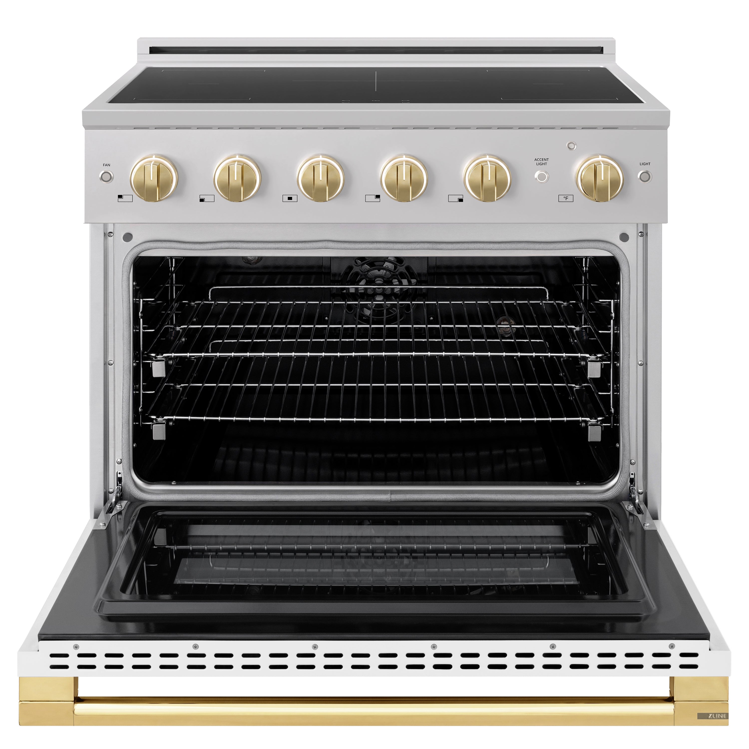 ZLINE Autograph Edition 36-Inch 5.2 cu. ft. Marino Induction Range with 5 Element Cooktop and Electric Convection Oven in Stainless Steel with White Matte Door and Polished Gold Accents (MINRZ-WM-36-G)