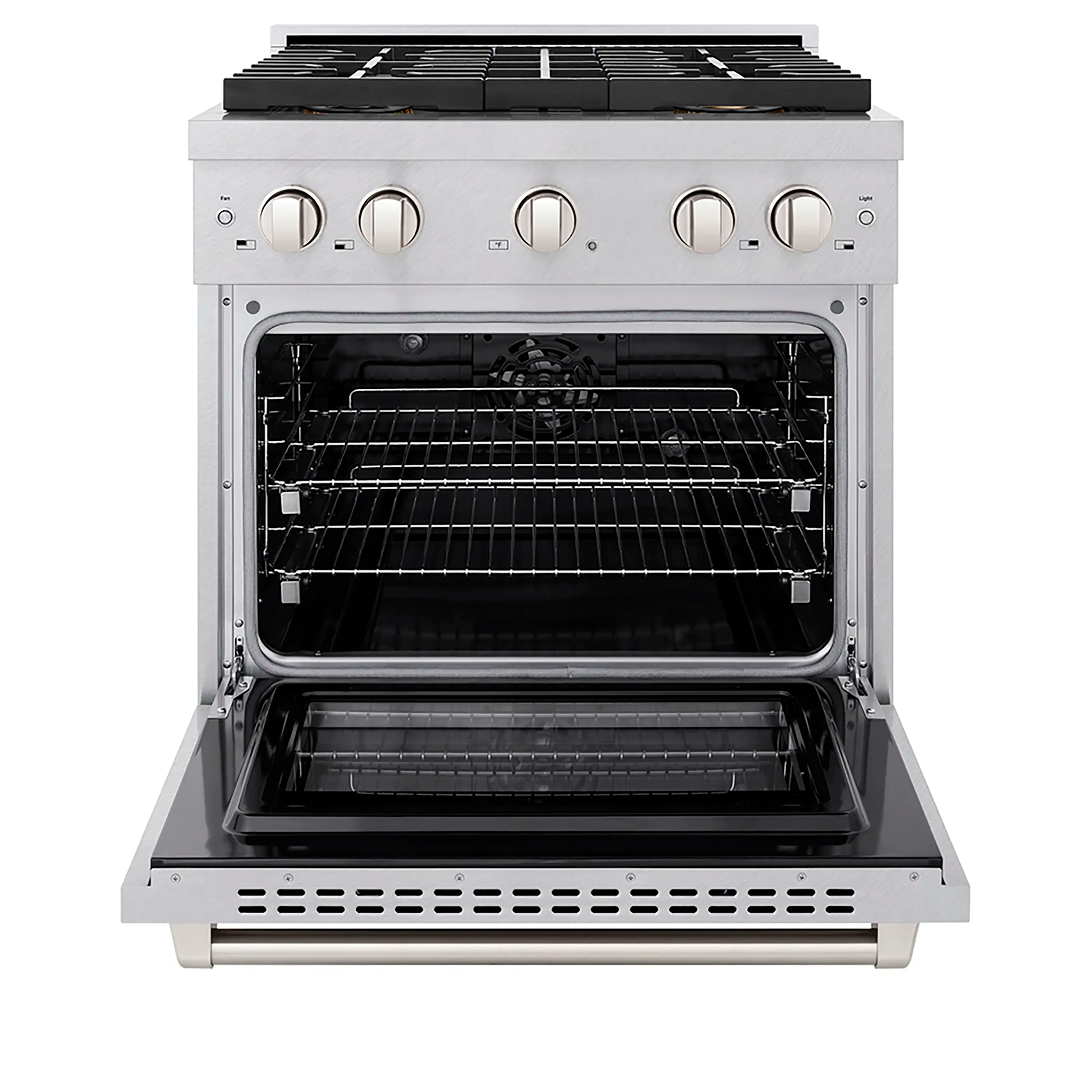 Open stainless oven door showing wire racks and interior cavity with door-mounted controls