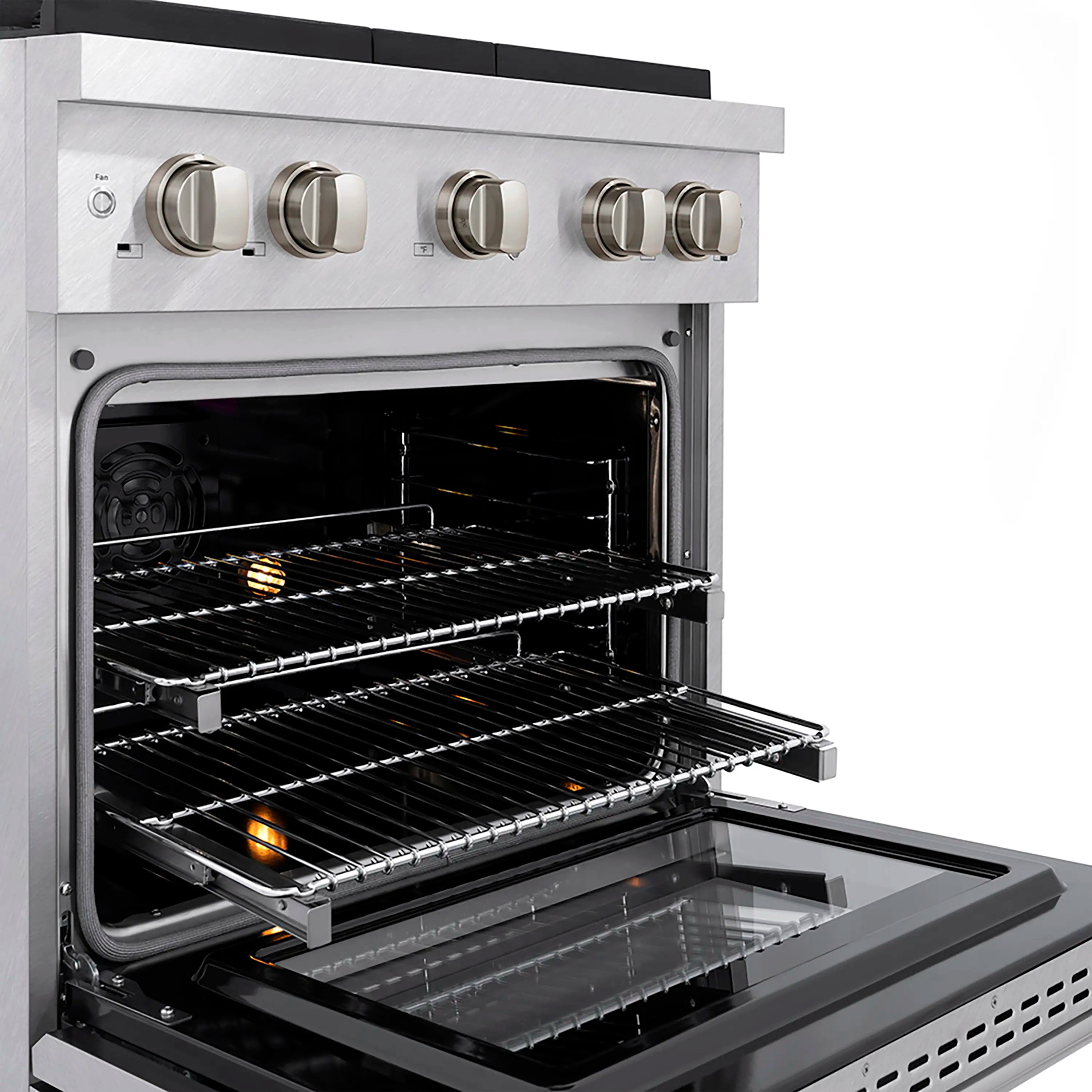 Oven door open with racks, heating elements lit, and wire bake tray inside