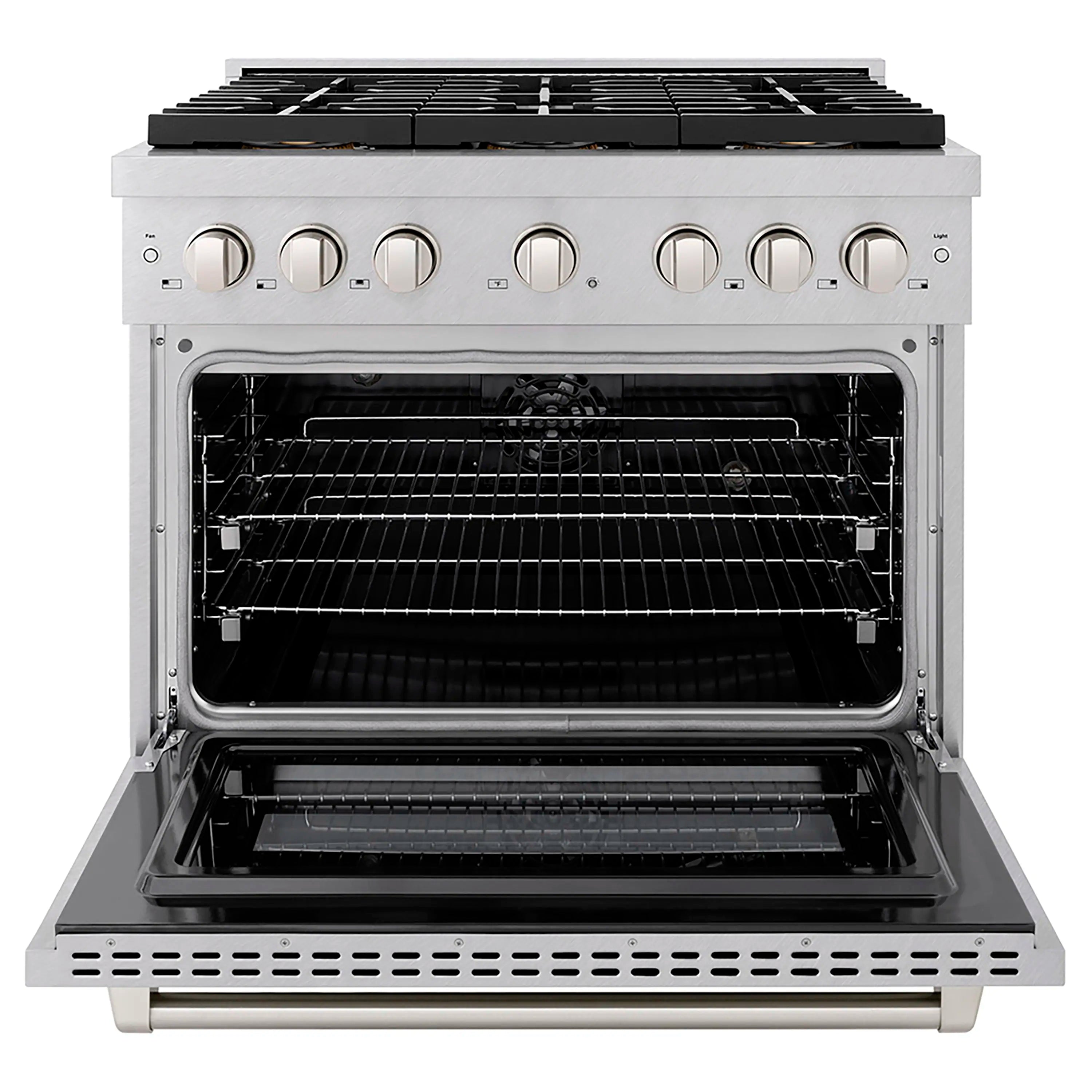 Open oven door of satin stainless steel range with baking racks and interior