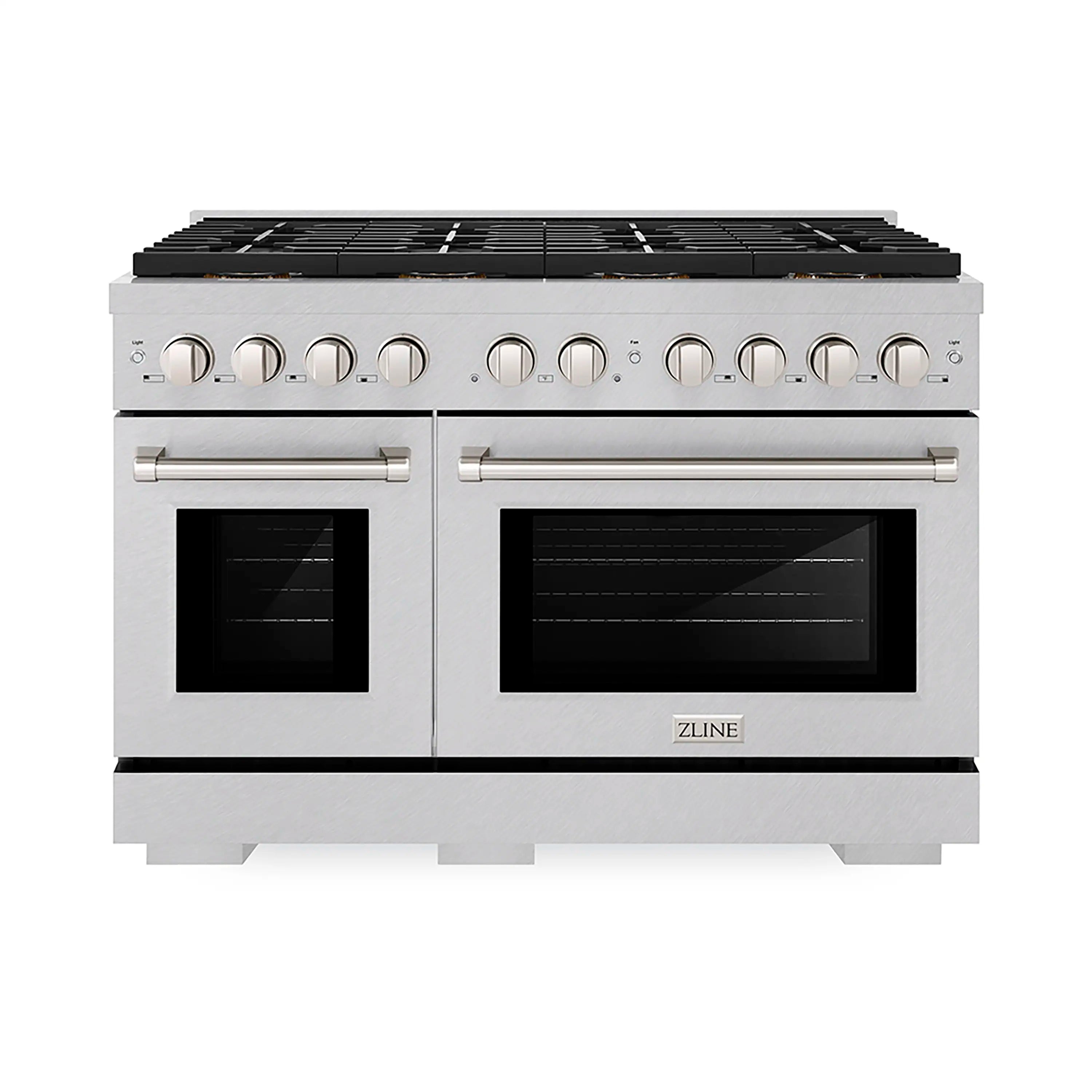 Satin stainless steel dual fuel range with dual ovens and control knobs