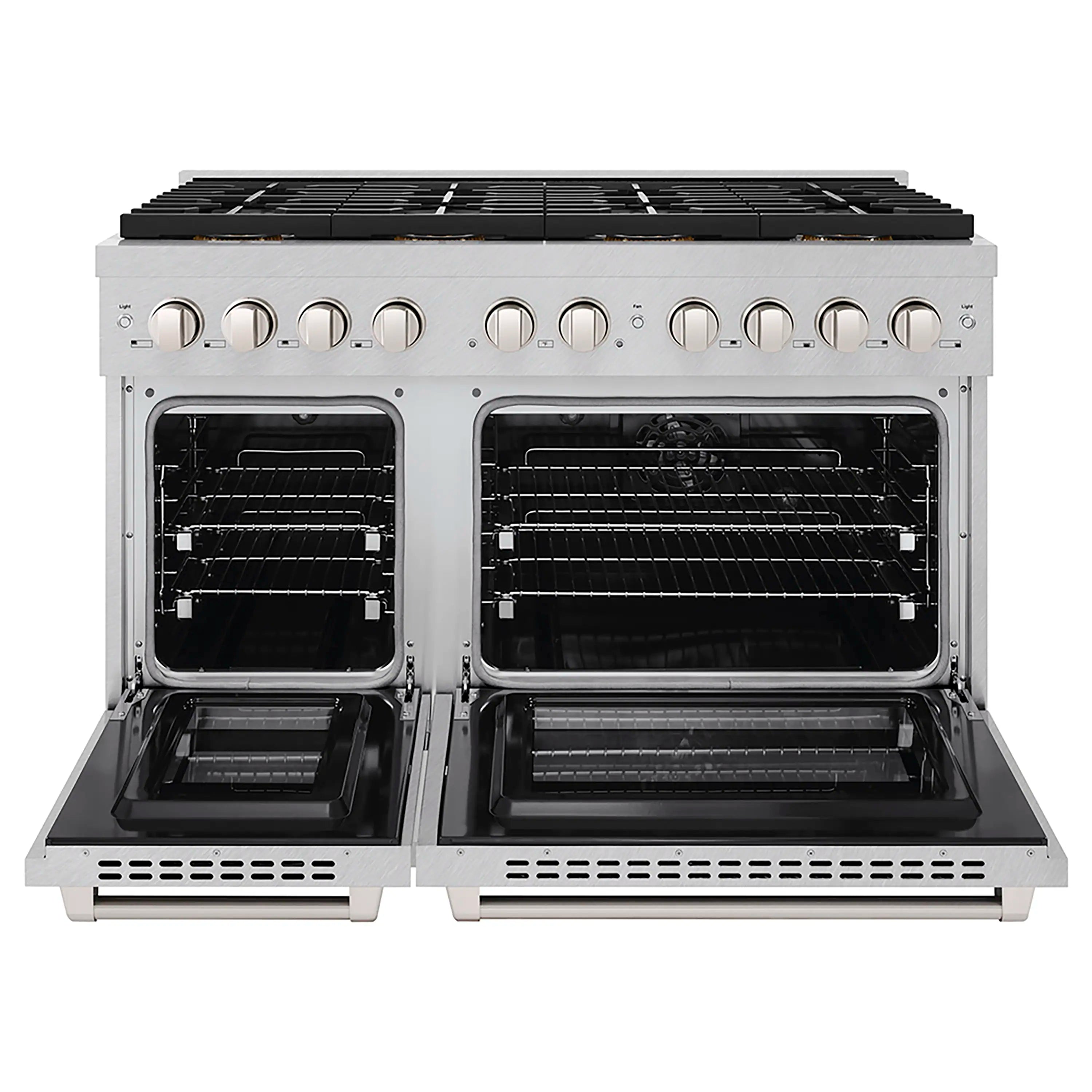Dual fuel range with both oven doors open, showing racks and interior panels