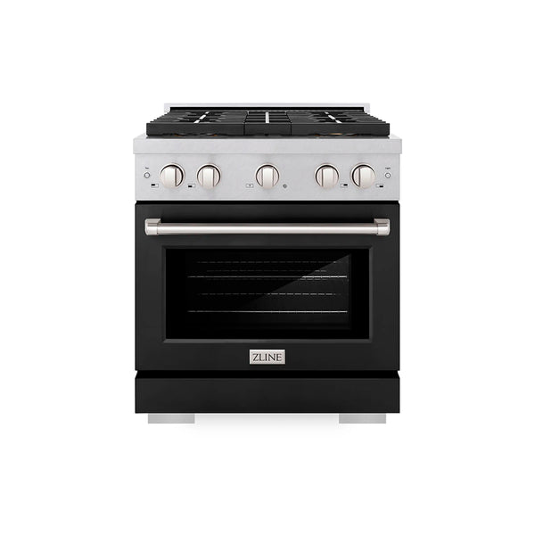 ZLINE 30-Inch 4.2 cu. ft. Paramount Dual Fuel Range with 4 Burner DuoPro™ Cooktop and Electric Convection Oven in Satin Stainless Steel with Black Matte Door (PSDRS-BLM-30)