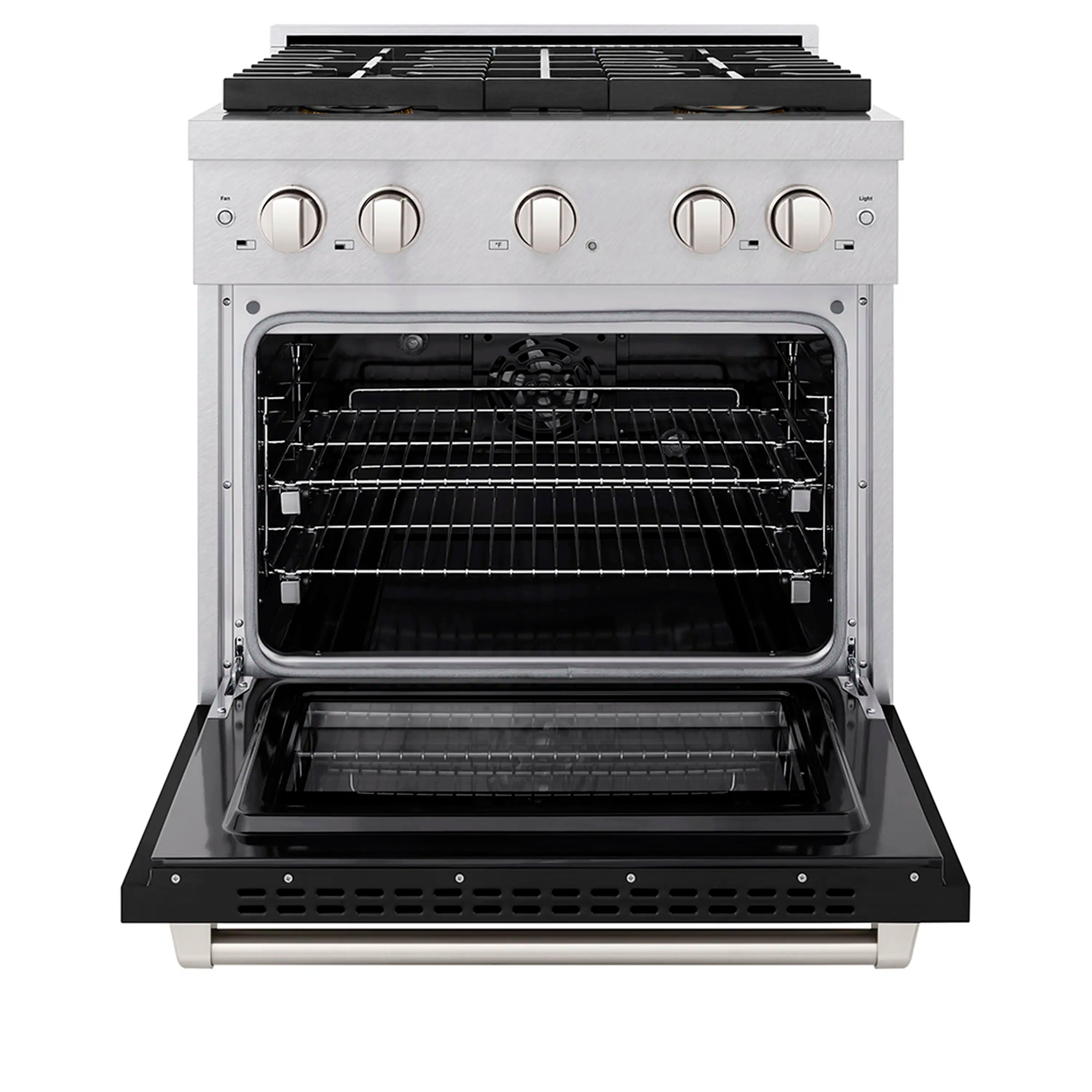 Dual fuel range with open oven door and interior racks, showing electric convection oven
