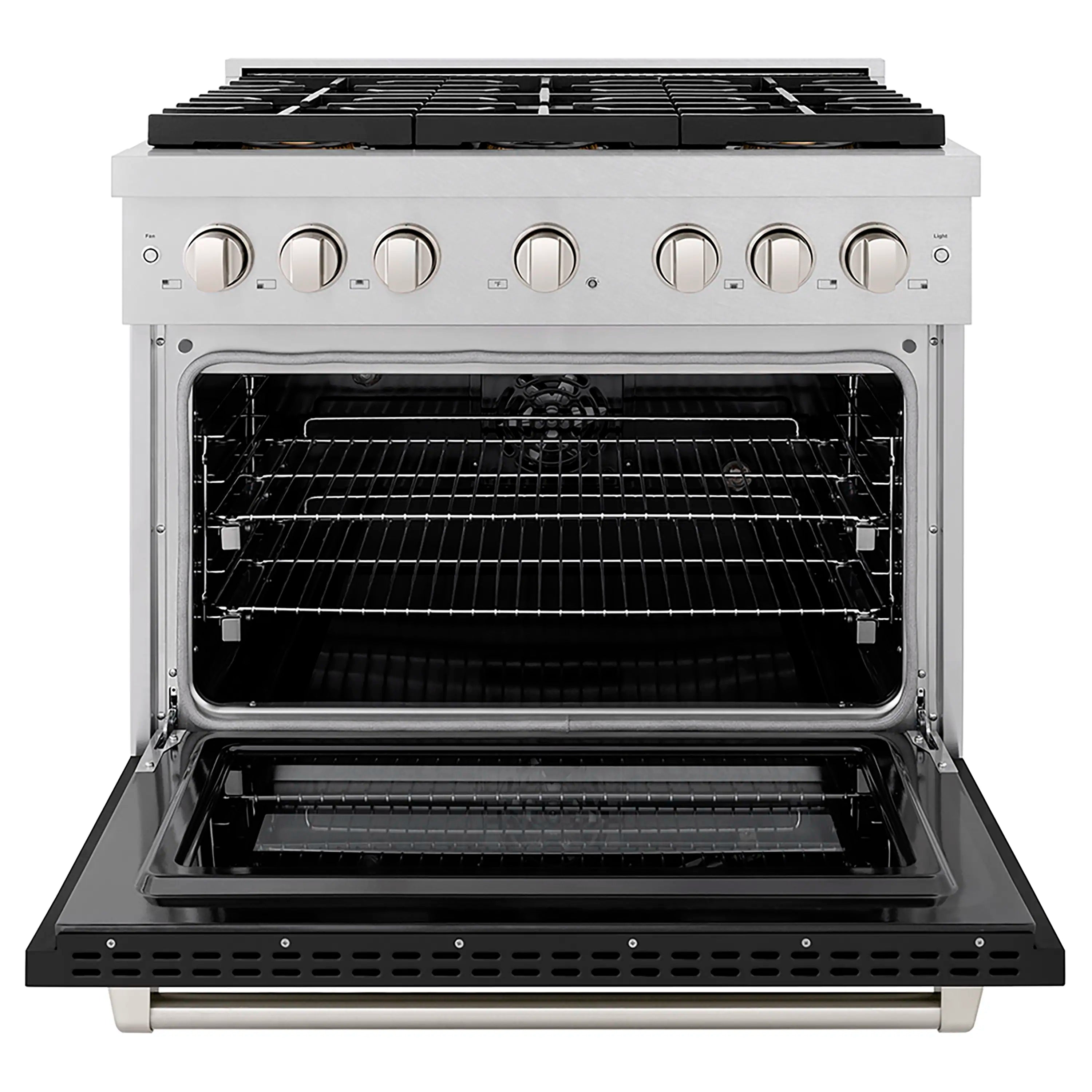 Dual fuel range with open oven door showing interior racks and broiler
