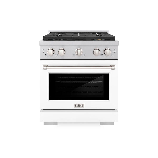 ZLINE 30-Inch 4.2 cu. ft. Paramount Dual Fuel Range with 4 Burner DuoPro™ Cooktop and Electric Convection Oven in Satin Stainless Steel with White Matte Door (PSDRS-WM-30)