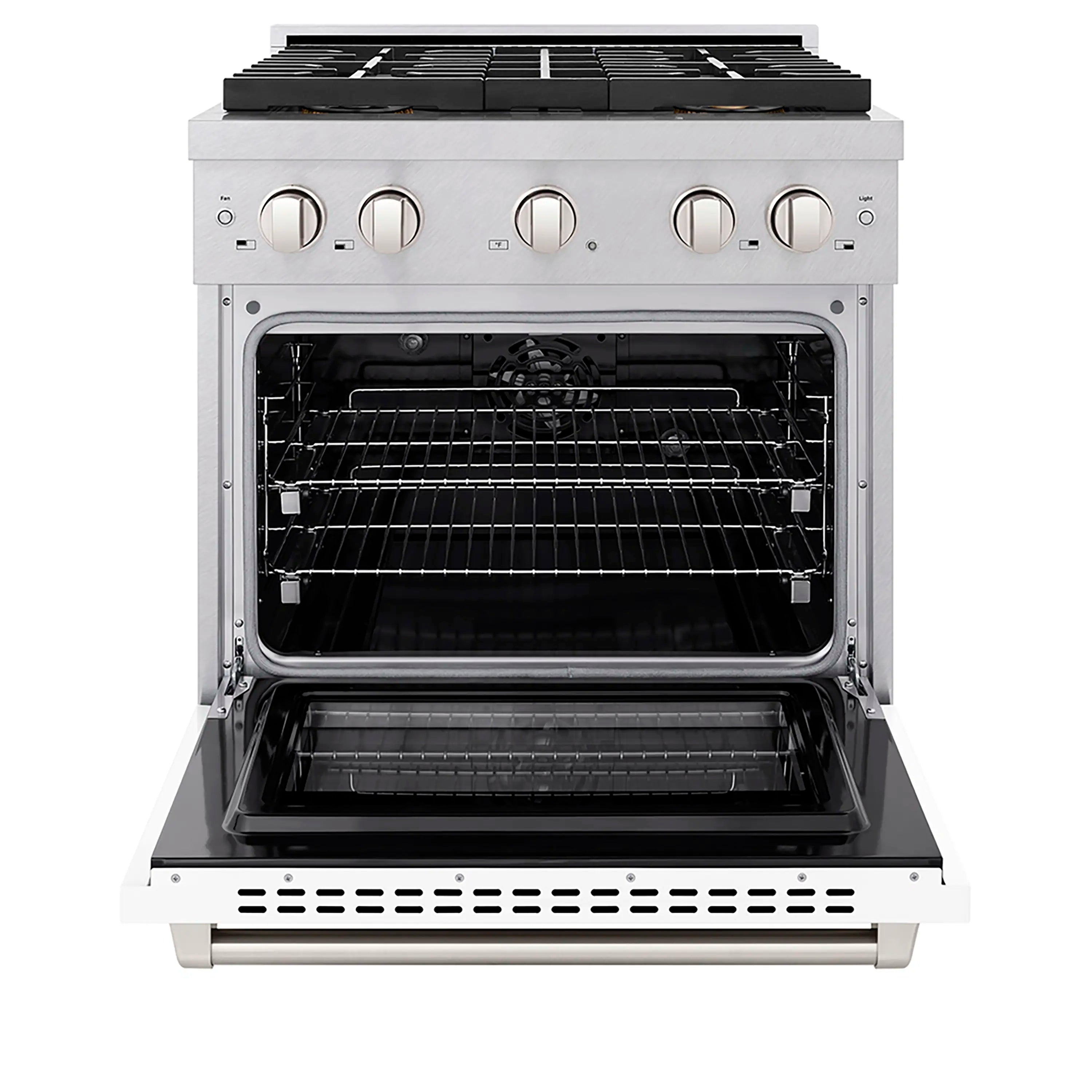 Dual fuel range oven open showing black racks and interior