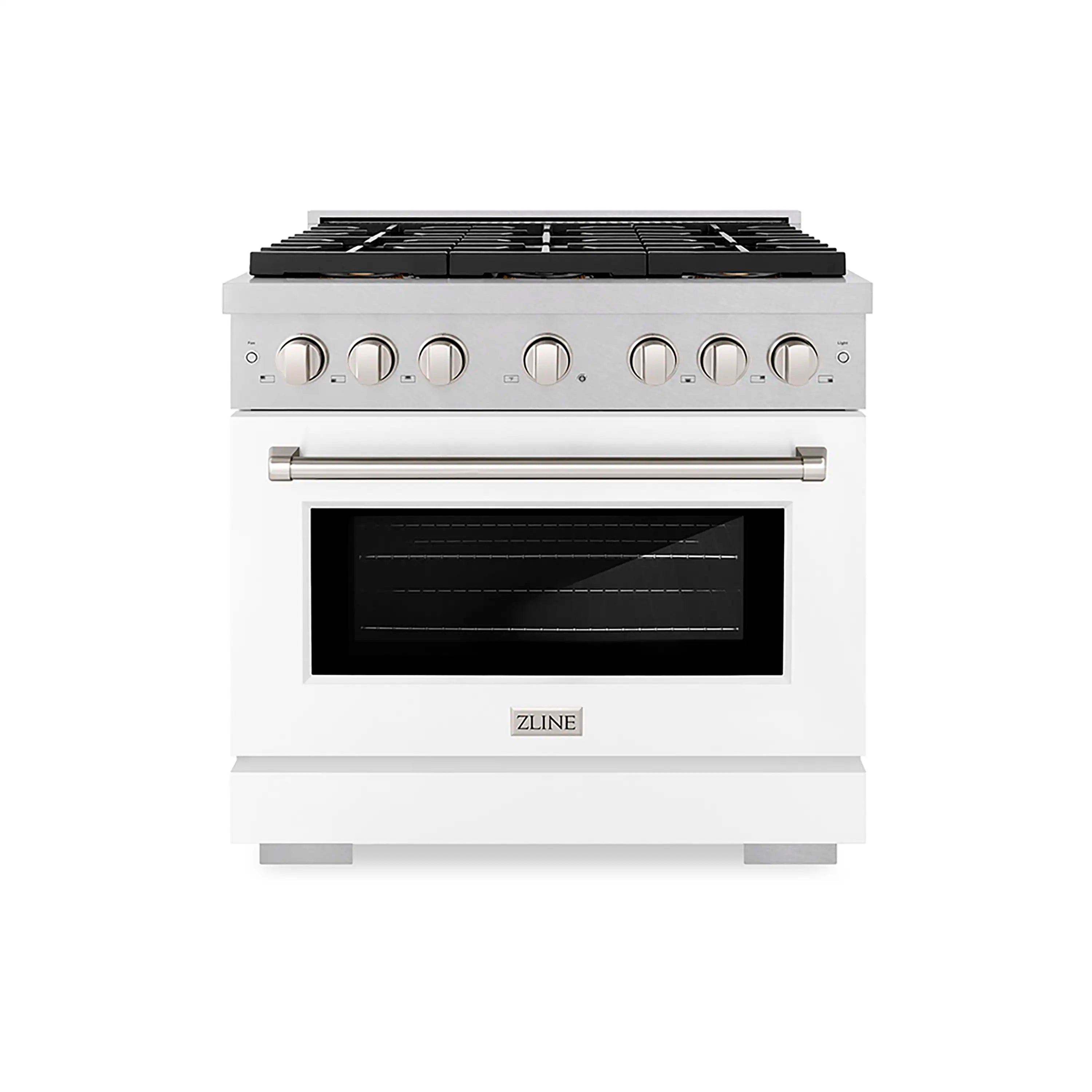 Front view of satin stainless steel dual fuel range with black cooktop and oven window