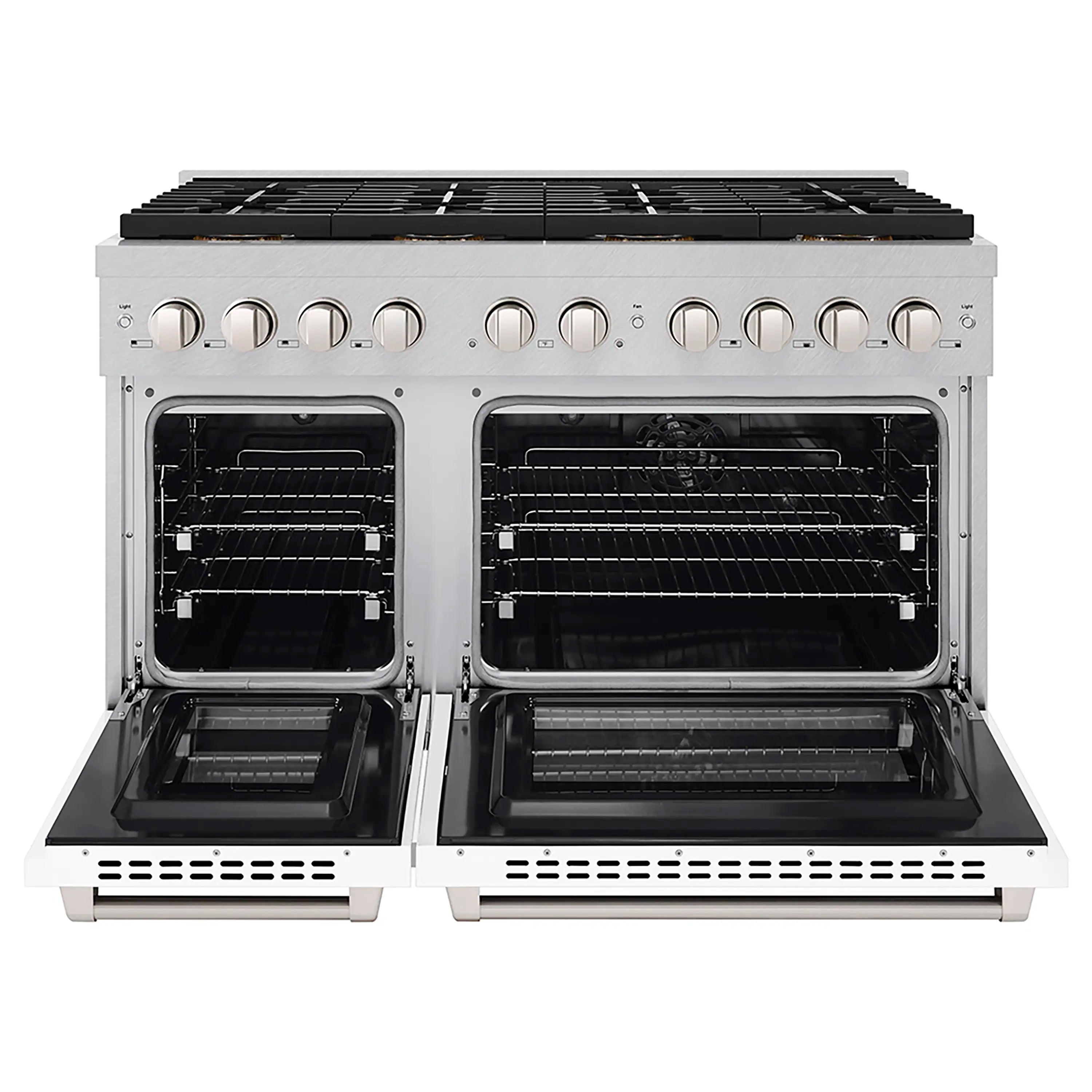 Dual fuel range with both oven doors open, showing racks inside and front grates