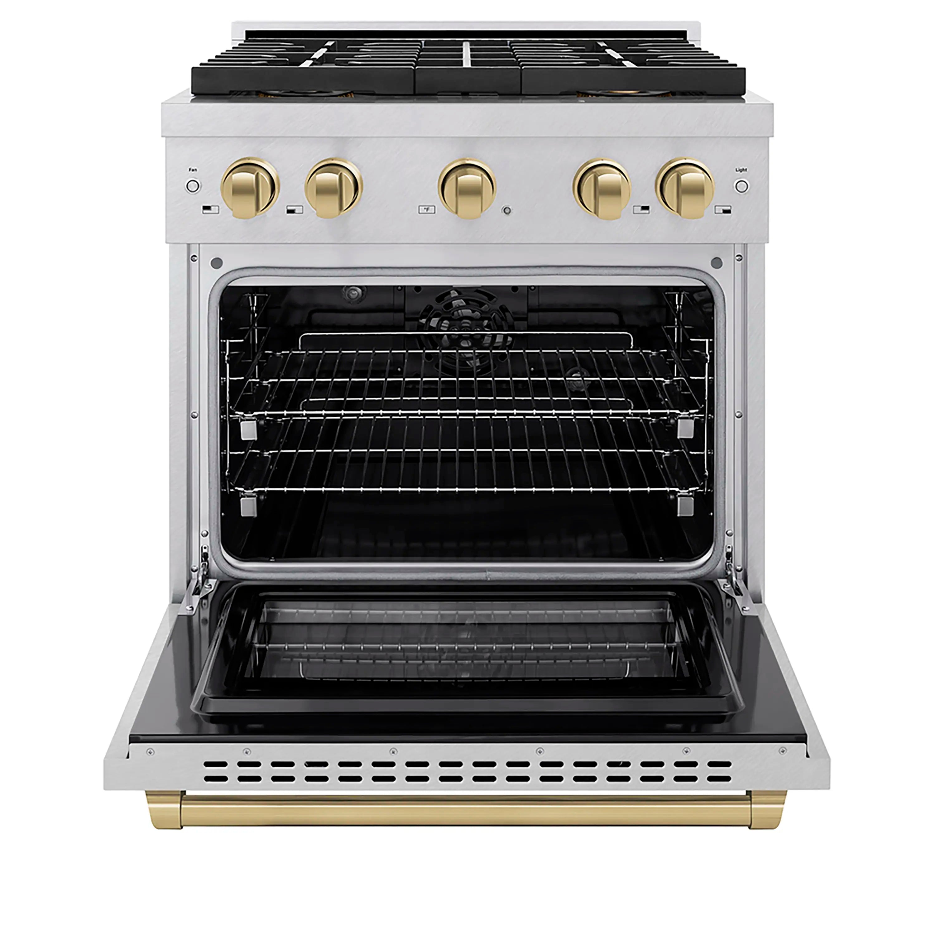 Freestanding range with open stainless electric oven and wire rack inside