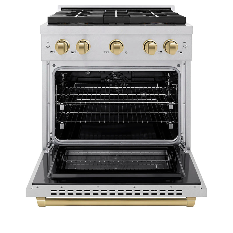 ZLINE Autograph Edition 30-Inch 4.2 cu. ft. Paramount Dual Fuel Range with 4 Burner DuoPro™ Cooktop and Electric Convection Oven in Satin Stainless Steel and Champagne Bronze Accents (PSDRSZ-30-CB)