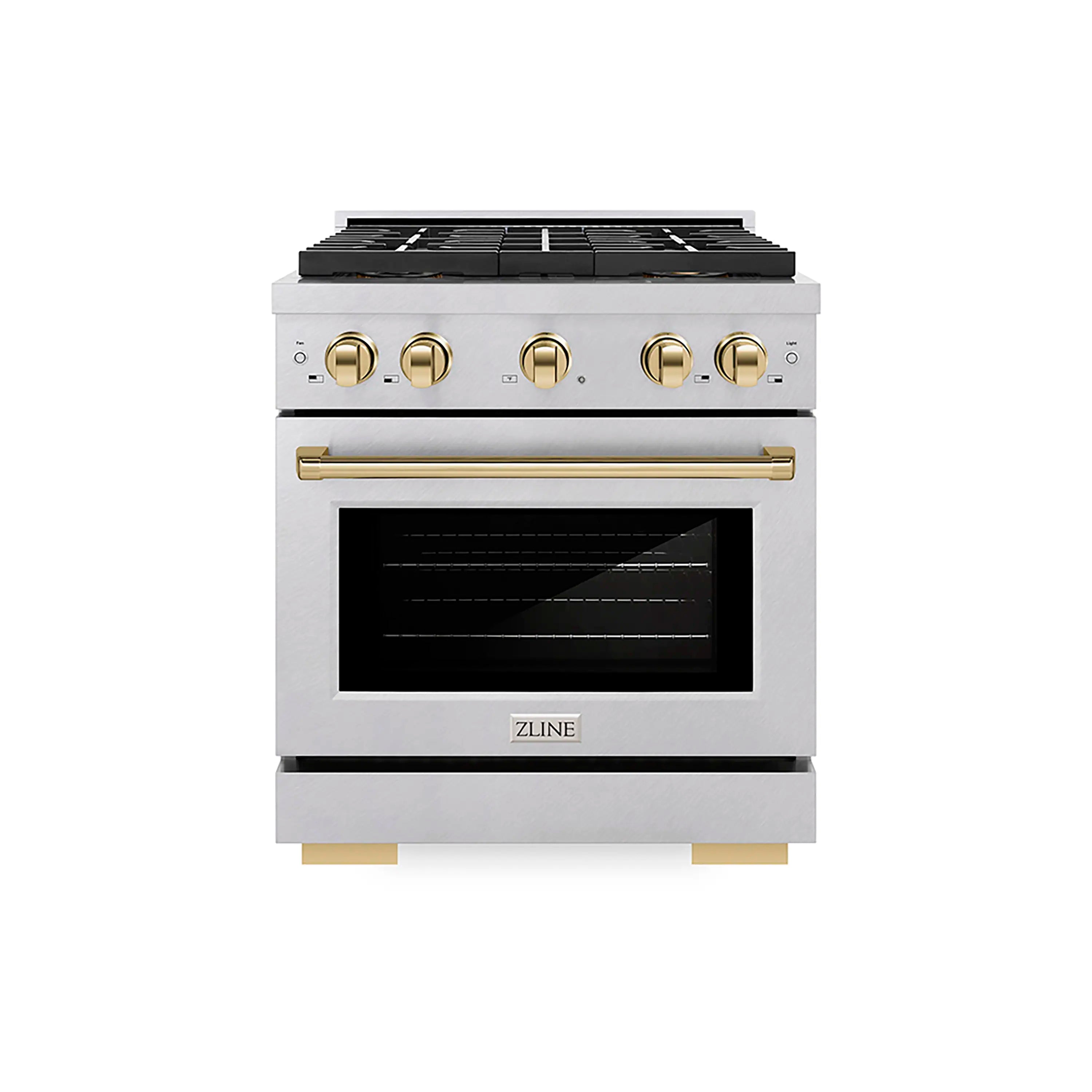 Stainless steel dual fuel range with gold knobs and four-burner cooktop