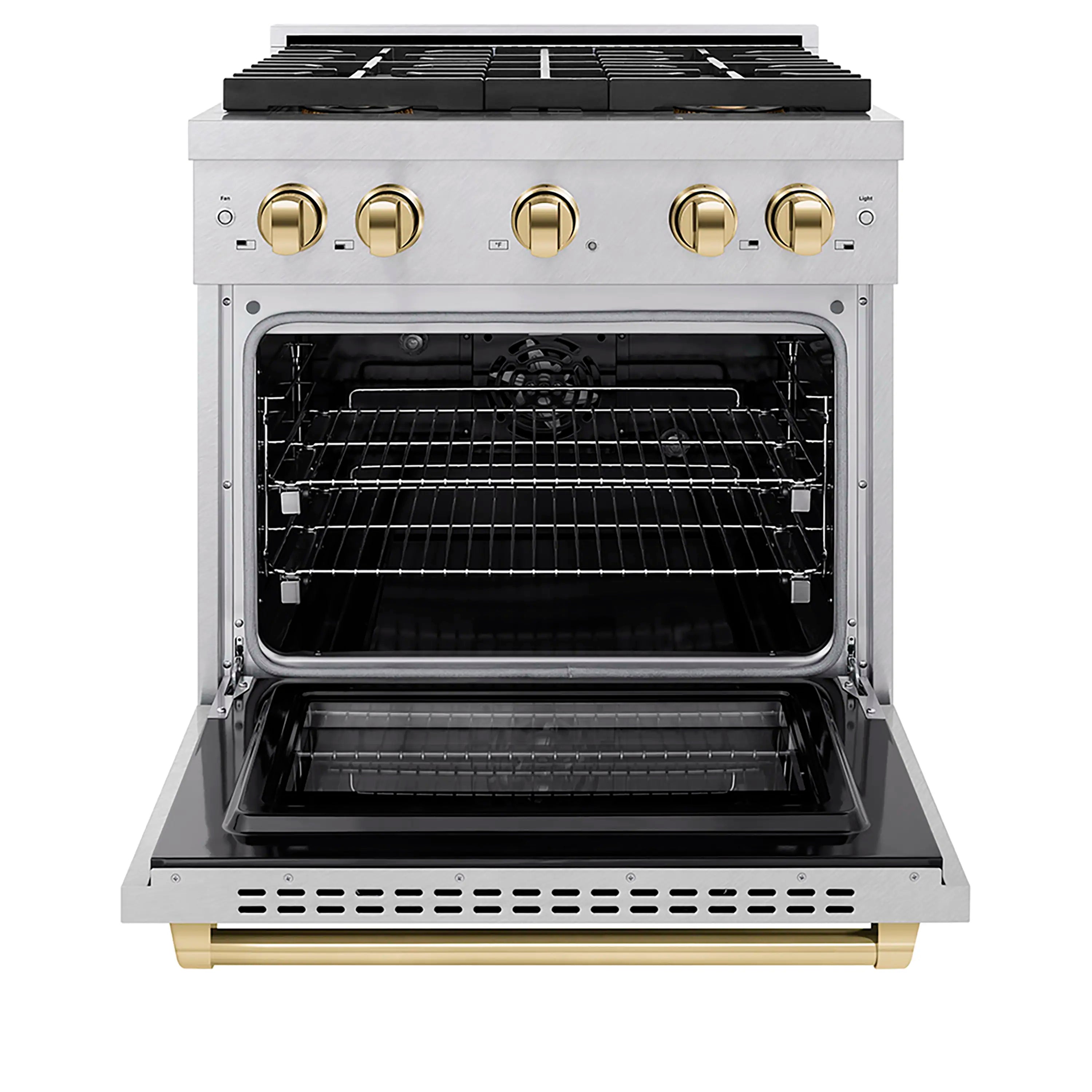 Open electric convection oven with wire rack and stainless steel interior